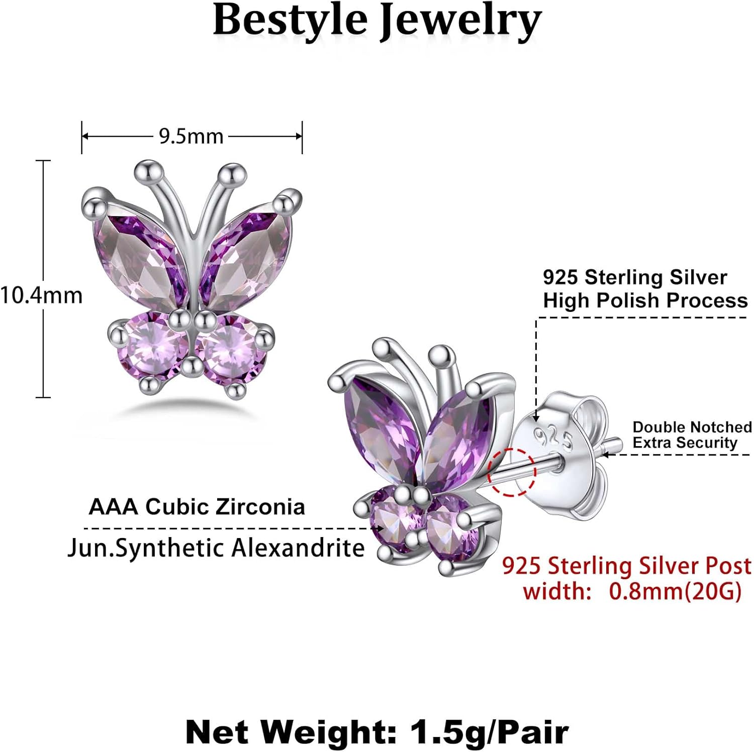 Bestyle Sterling Silver Butterfly Earrings for Women, Dainty Cute Birthstone Studs Hypoallergenic Jewelry, Great Birthday Gift - Image 5