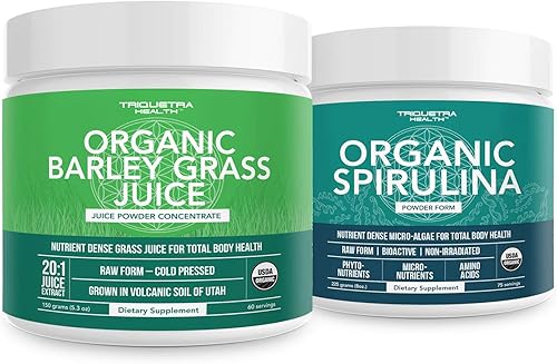 Triquetra Health Polvo orgánico de espirulina de 8 oz. Más polvo de jugo de hierba de cebada orgánica 5.3 oz.