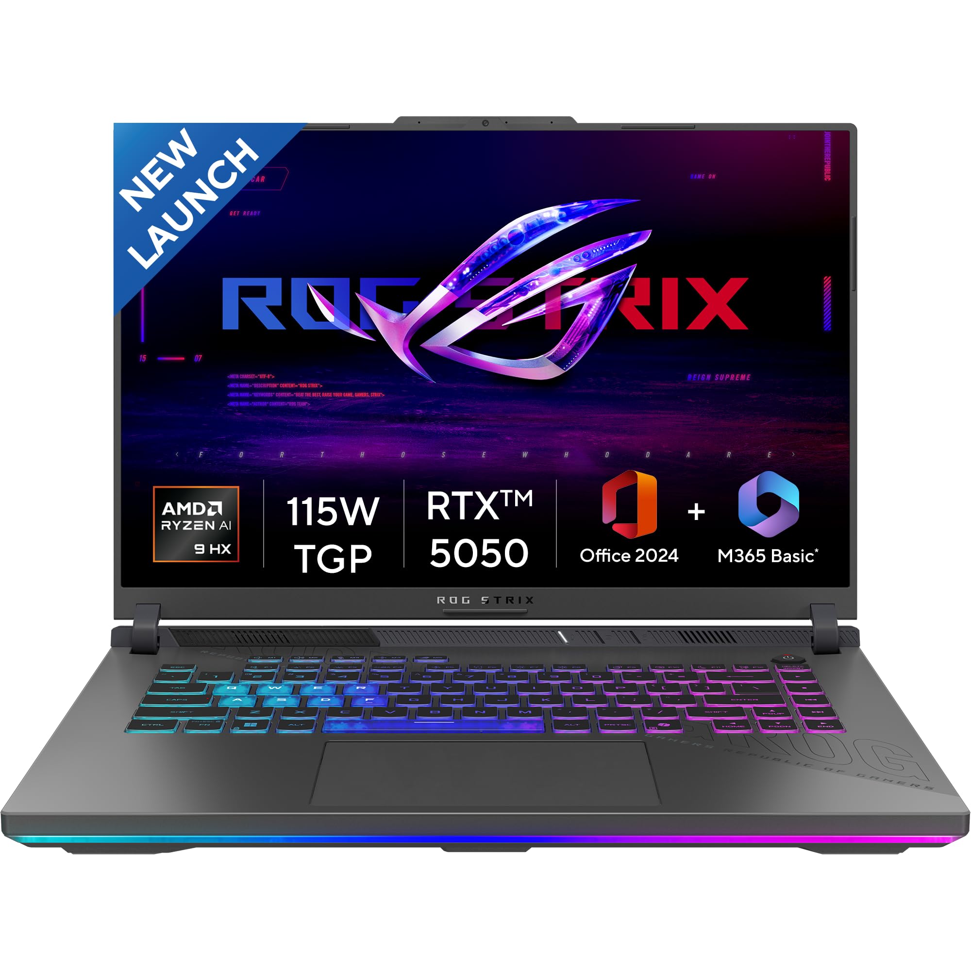 ASUS ROG Strix G16, AMD Ryzen 9 8940HX, Gaming Laptop(RTX 5050-8GB/115W TGP/16GB RAM/1TB SSD/FHD+/16"/165Hz/90Whr/Windows 11/M365 Basic (1Year)*/Office Home 2024/Eclipse Gray/2.5 Kg) G614PH-RV033WS
