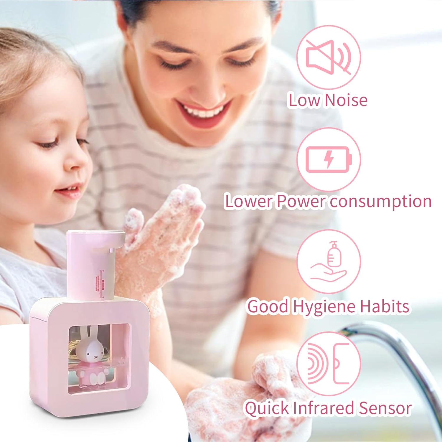 Mipow x Miffy Automatic Soap Dispenser Touchless - 3 Adjustable Foam Levels Smart Sensor, Hand Soap Dispenser for Bathroom Kitchen Home Office, Pink - Gifts for Girls - Image 2