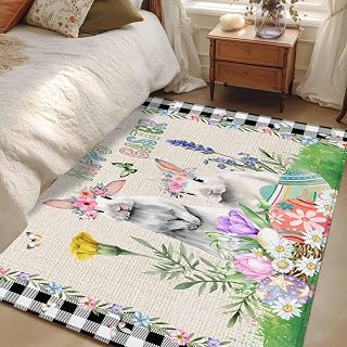 Area Rugs 3x5 for Living Room, Easter Non Slip Washable Rug Runner, Country Rabbits Eggs Floral Leaves Butterfly Plaid Low Pile Indoor Floor Carpet Mat Bathroom Rugs for Bedroom, Kids Room