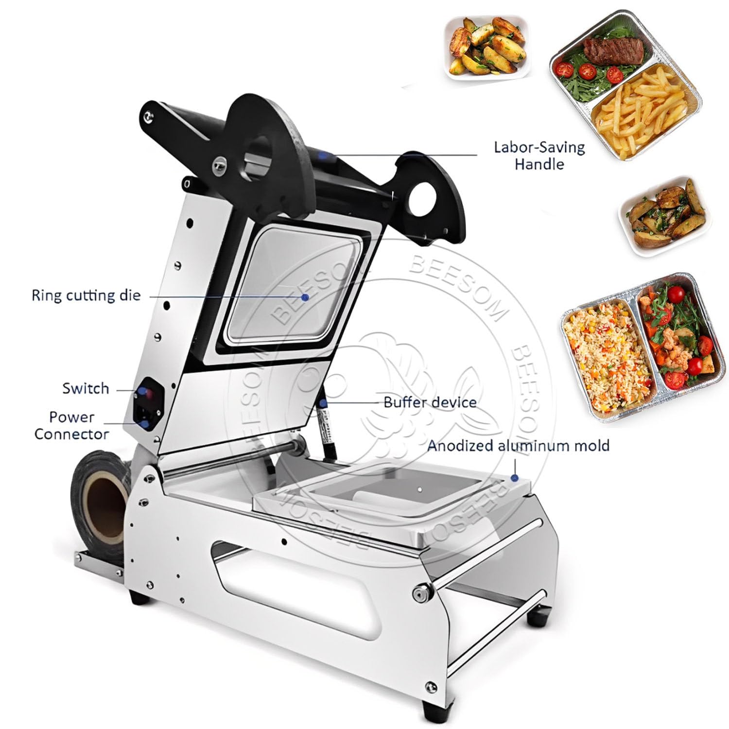 Sellador de bandejas a presión de mano comercial, máquina de sellado térmico, 7-8 sellos/minuto, acero inoxidable, para cajas para llevar, carne, pescado, alimentos cocinados, restaurantes