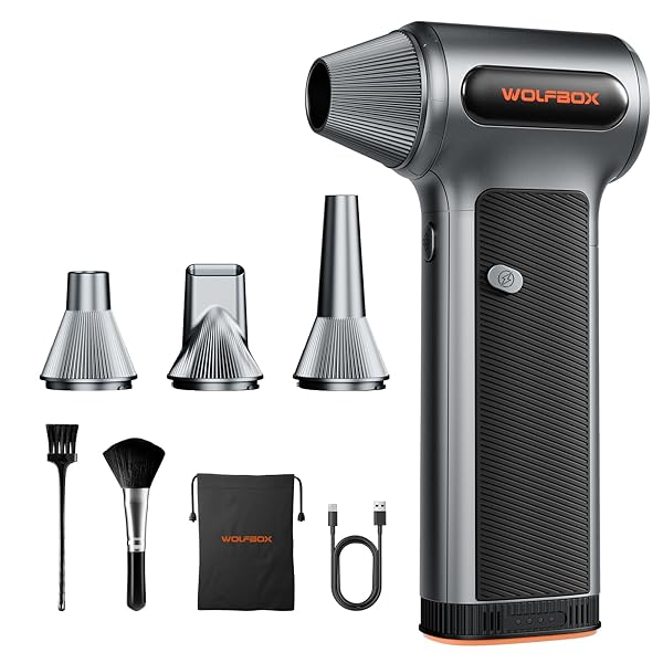 WOLFBOX MF200 Electric Air Duster with Removable Battery & 4 Nozzles, Cordless 3-Speed Adjustable Mini Blower for Computer Keyboard, Car Cleaning, Home, and Outdoor Use