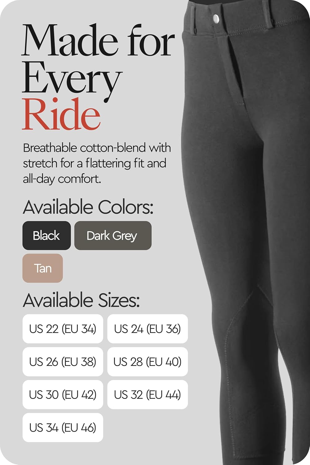 HORZE Ella Women's English Riding Pull-On Schooling Breeches with ALOS Leather Knee Patches | Size Charts in Images - Image 2