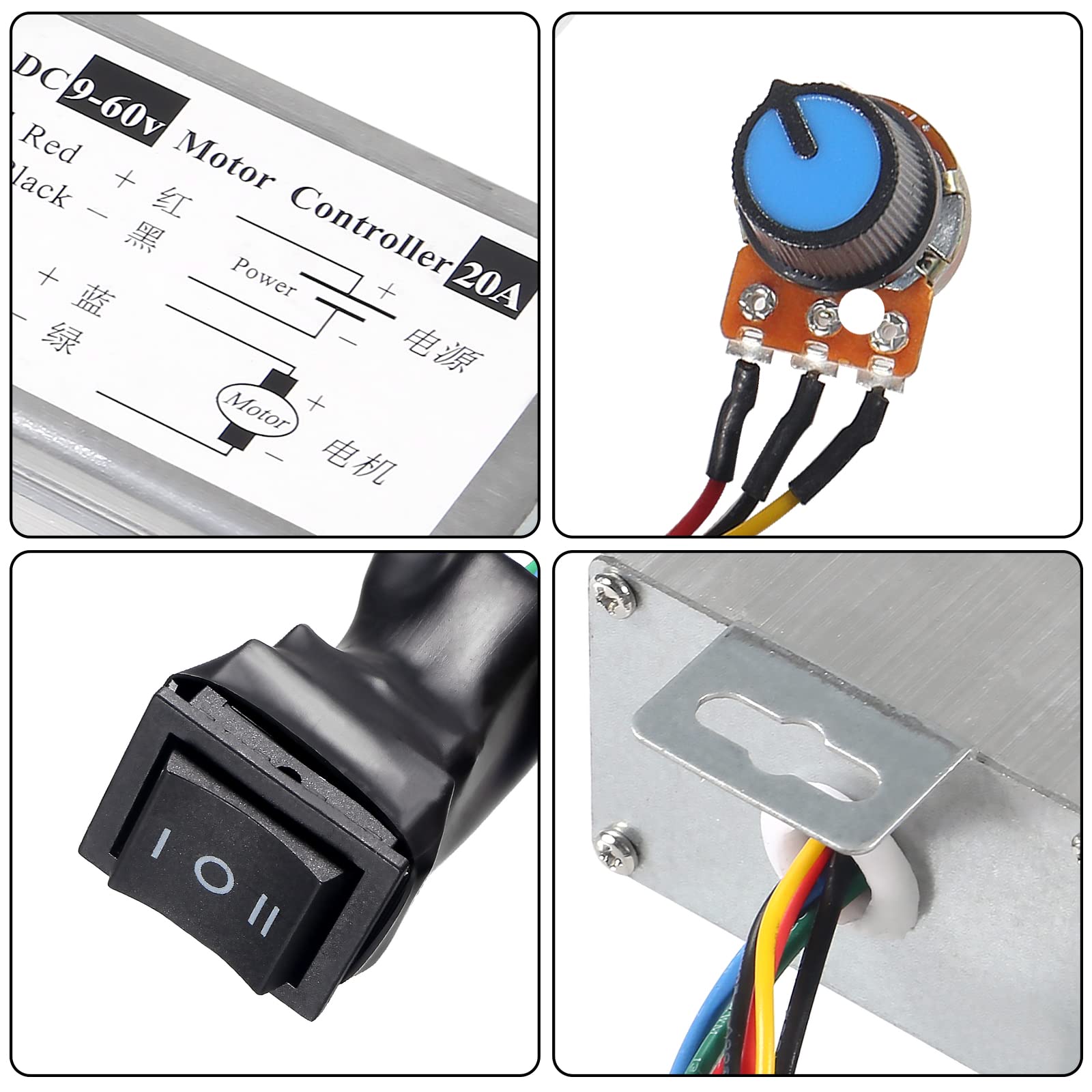 Regulator prędkości silnika DC, moduł sterujący silnikiem szczotkowym, DC 9 V-60 V 12 V 24 V 36 V 48 V 60 V regulator szerokości impulsu silnika 20 A 1200 W PWM regulator ściemniacza z przełącznikiem i pokrętłem