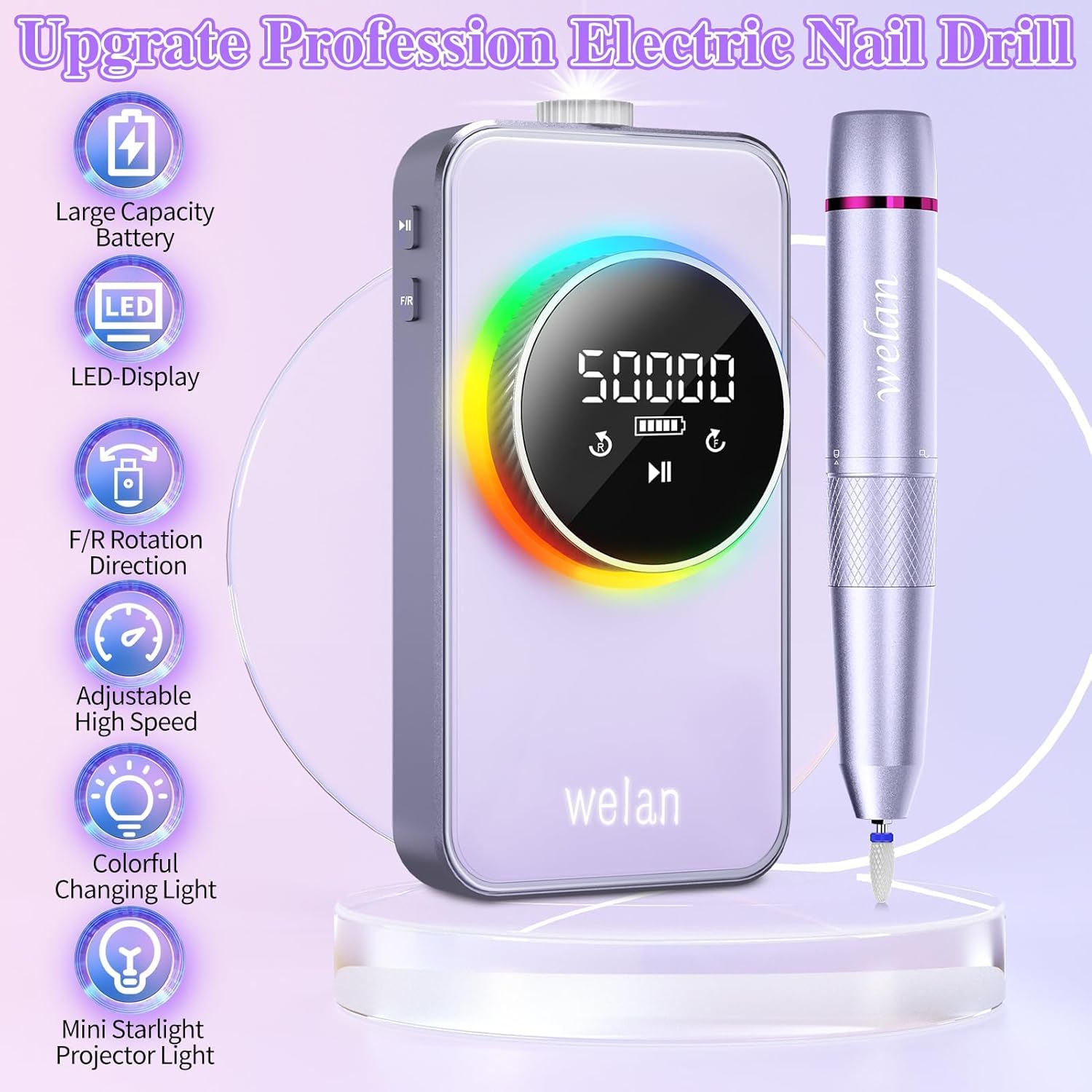 Electric Nail Drill Professional 50000RPM, Fast Removal Electric Nails Drill, 6000mAh Rechargeable Portable Nail Drill Machine for Acrylic Gel Nails, Manicure Polishing for Salon Home