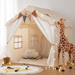 Besrey 2-in-1 Kids Play Tent with Padded Mat, LED Lights & Banner - Large 51x35x51 Playhouse, 2 Doors 4 Windows for Indoor Outdoor Toddler Fun