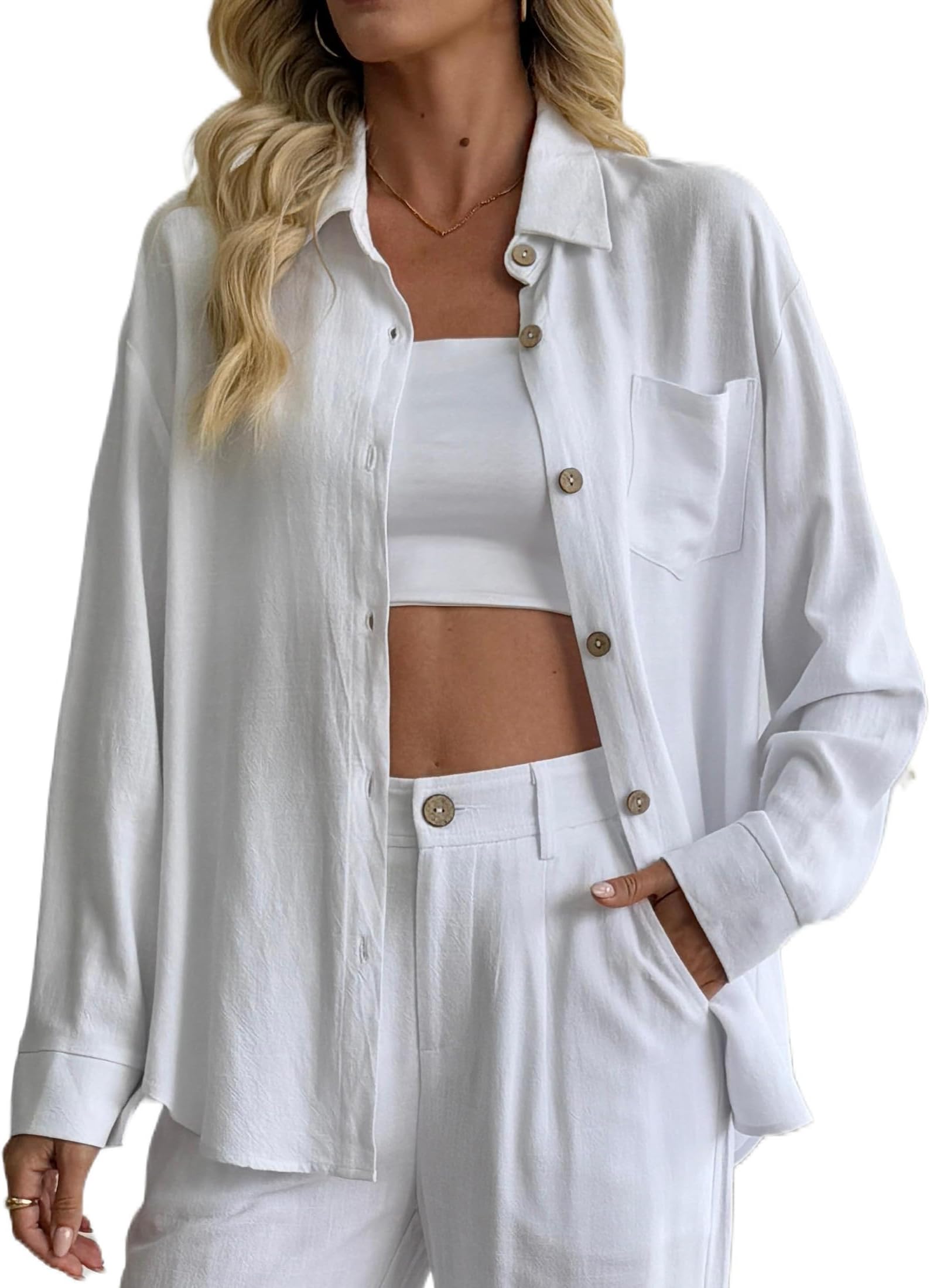 Women's Linen Button Down Shirts Long Sleeve Casual Loose Collared Blouses Summer Vacation Tunic Tops