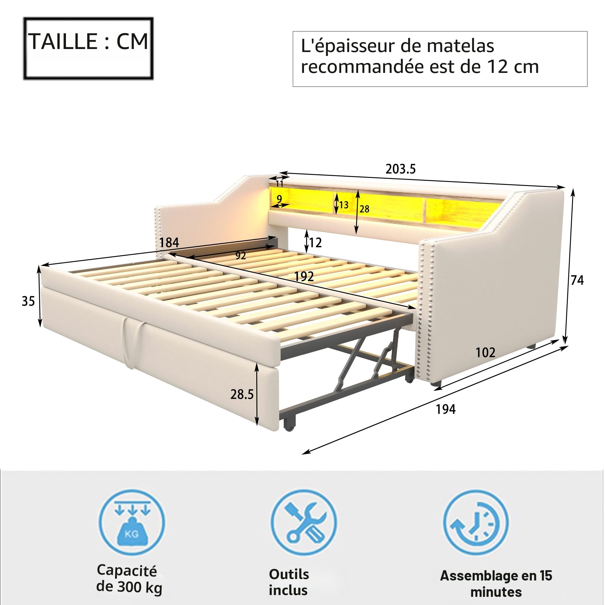 Merax Canapé-lit convertible 90/180 x 190 cm, Canapé pliable avec lumière LED et prise USB, canapé lit 2 places avec fonction couchage en tissu lin, beige (sans matelas)