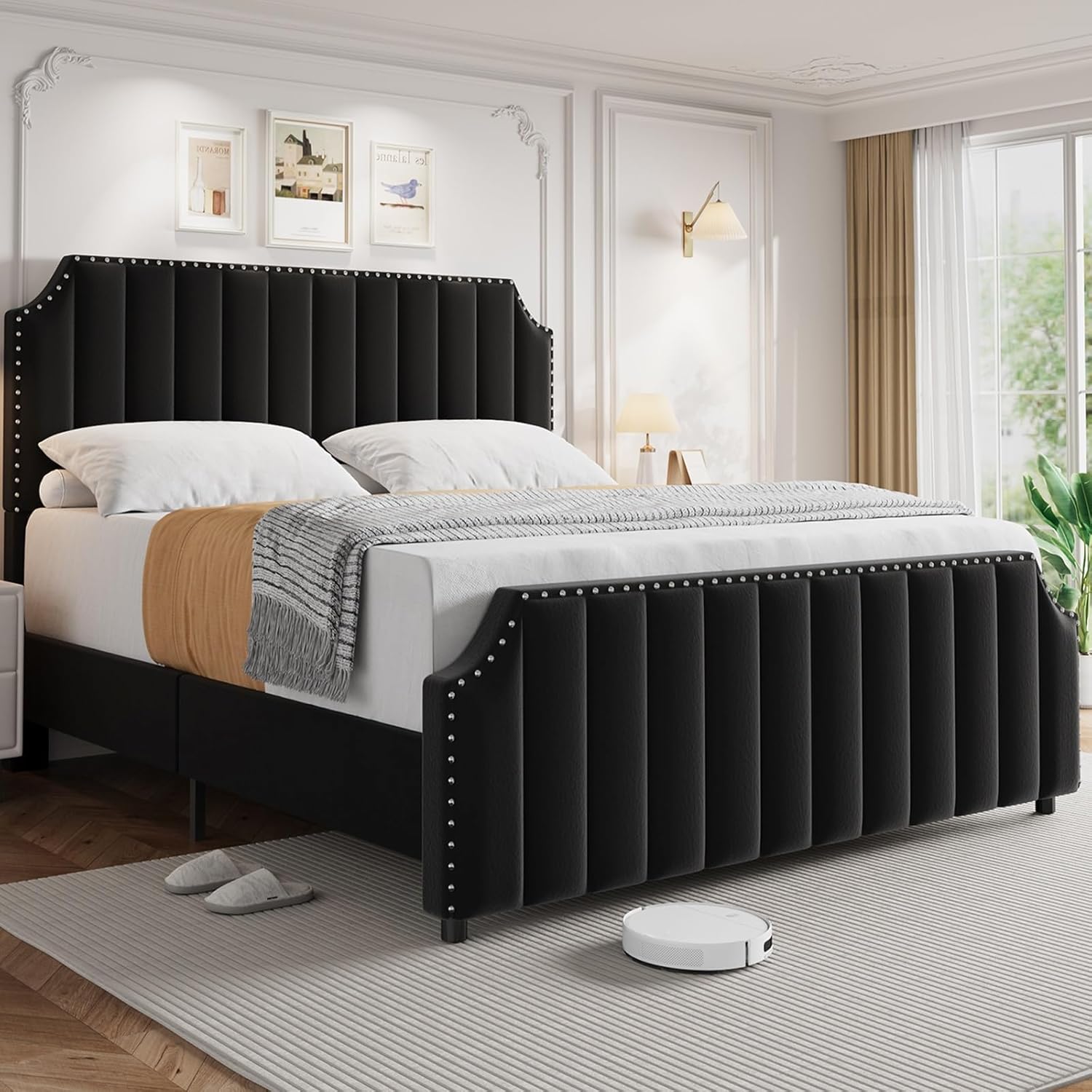 GAOMON King Size Bed Frame, 50 Inch Tall Headboard Platform Bed Frame with Nailhead Trim and Footboard, Sturdy Wooden Slats Support, Noise Free Design, Black