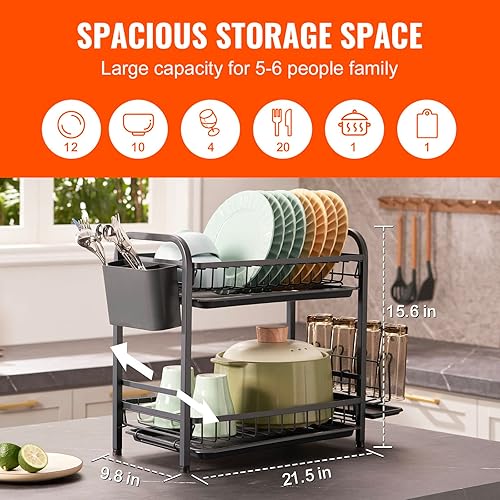 Miniatura 3 de VEVOR Escurridor de platos, escurridor de platos de gran capacidad de 2 niveles, escurridor de platos de acero al carbono a prueba de óxido con