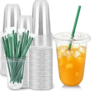 Qinsihwn 50 Set 16oz Plastic Cups with Flat Lids and Straws,Round Bottom Clear Drinking Cups,Disposable Plastic Iced Coffee Cup for Cold Beverages,Milkshakes,Smoothies