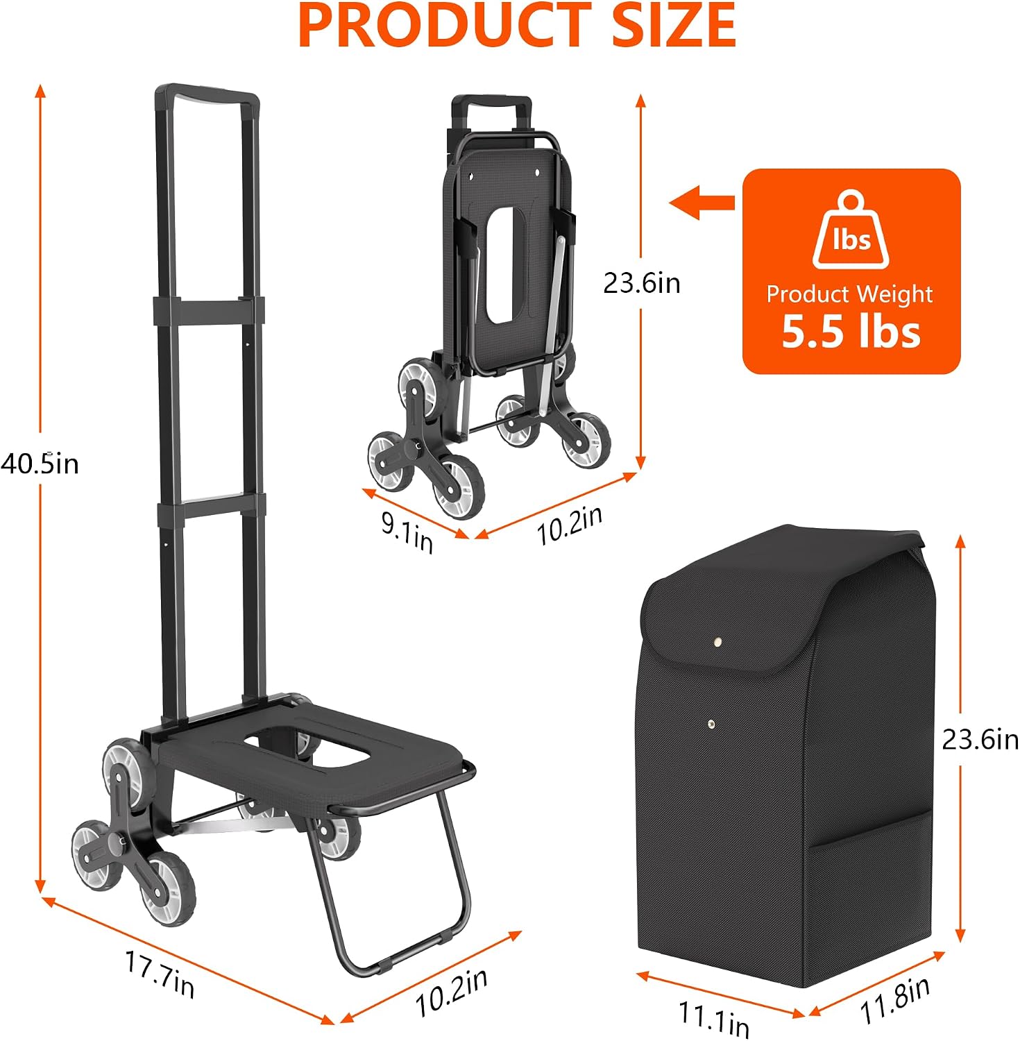 2 in 1 Stairs Climbing Shopping Cart with 54L Waterproof Insulated Bag | Utility Cart Foldable Grocery Cart on Wheels with Telescopic handle, 110 lbs Hand Truck whit Removable Bag, Black
