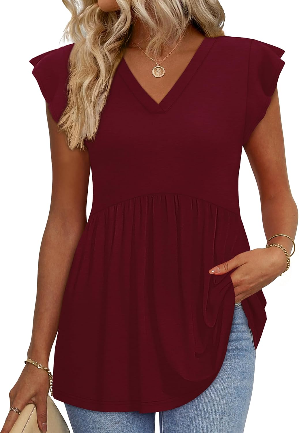 WIHOLL Womens Summer Tops 2026 Babydoll Shirts Ruffle Sleeve Spring Outfits Dressy Casual Blouses