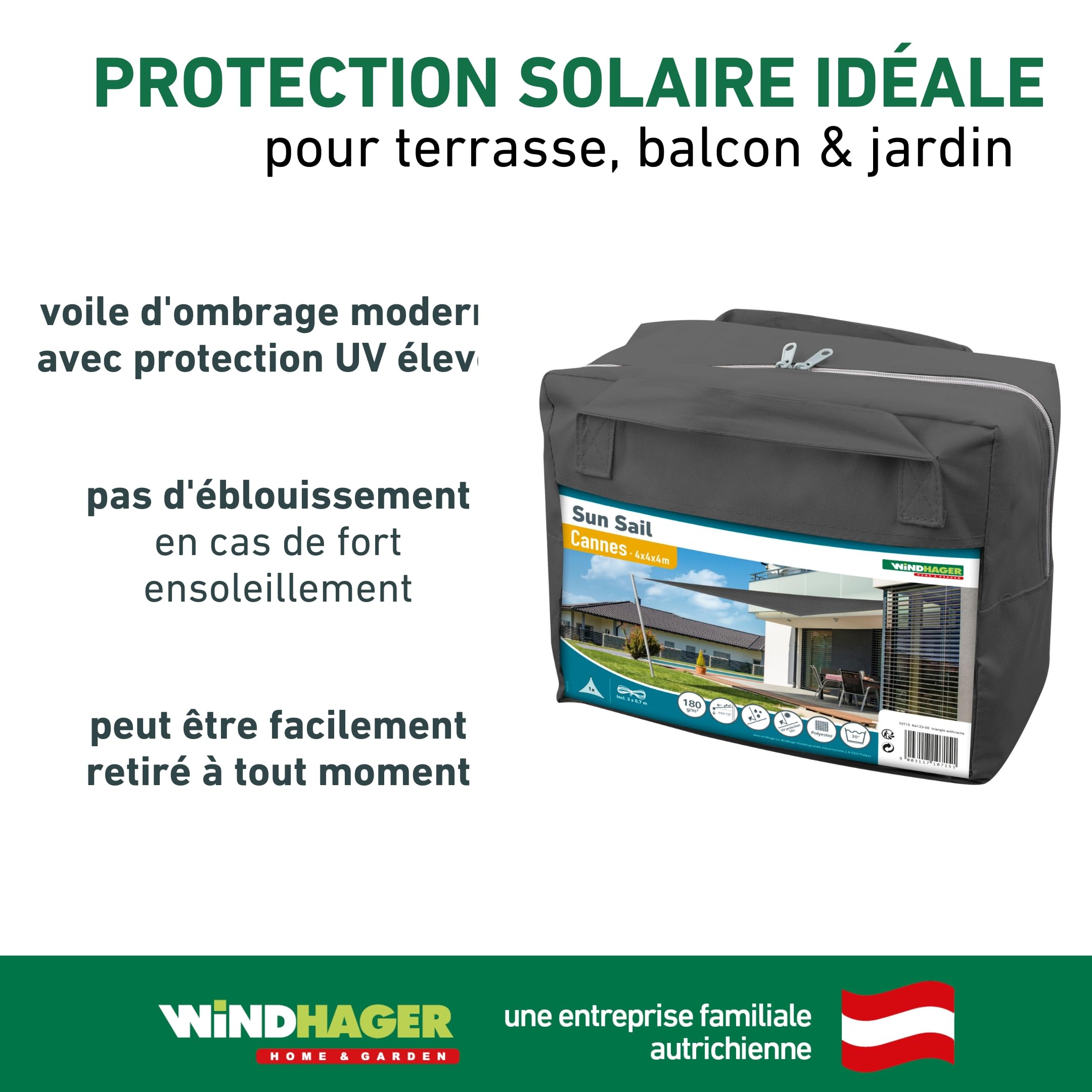 Windhager Auvent d'ombrage Triangulaire 4 x 4 m (isolé) - Protection Solaire pour Jardin et terrasse - Résistant aux UV et aux intempéries - Anthracite - 10715