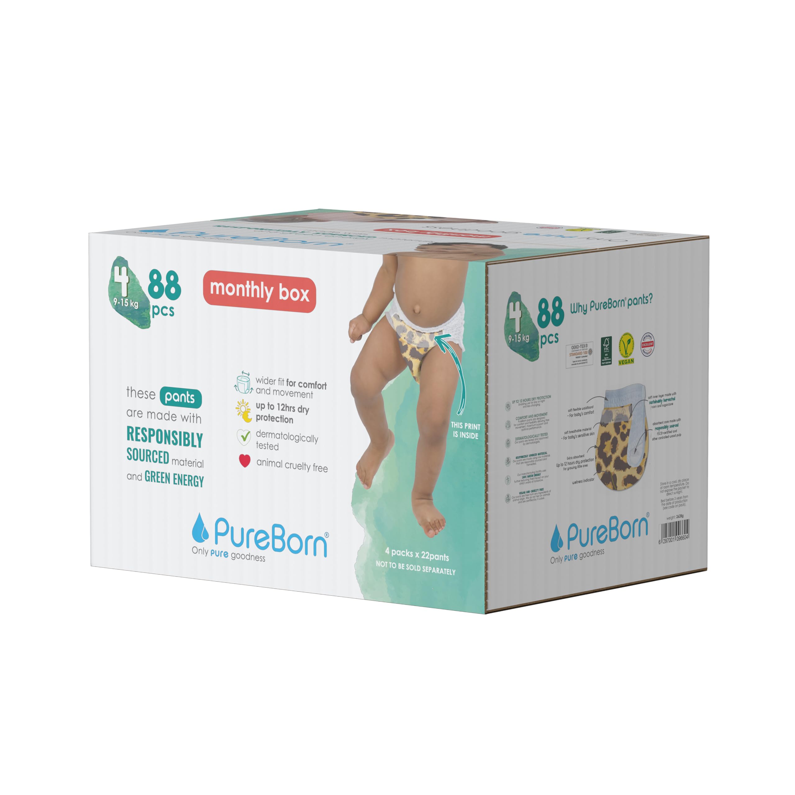 PureBorn 88 Couches Culottes Taille 4 (9-15 kg), Ultra-Absorbantes, Hypoallergéniques, Couches Culottes douces pour Bébé, Testées Dermatologiquement, Anti-fuites en Bambou Naturel