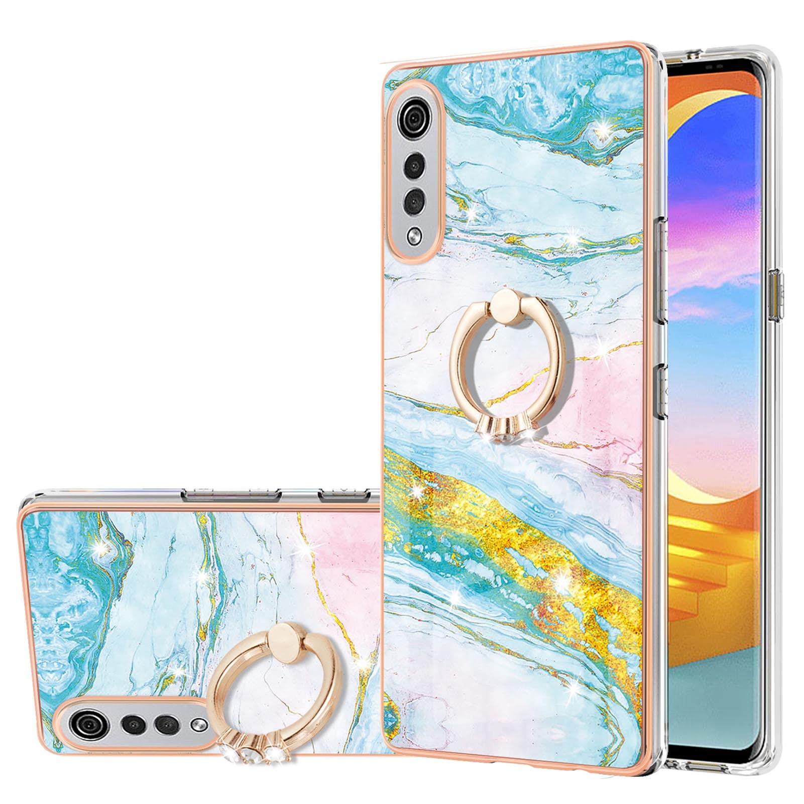 VQWQ Silicone Cover per LG Velvet 4G 5G, Custodia TPU Bumper Protettiva Case Marmo Morbido Sottile Metallo Anello Antiurto Antigraffio Paraurti Assorbire gli urti Cover per Donna Maschio [B]-Verde 02