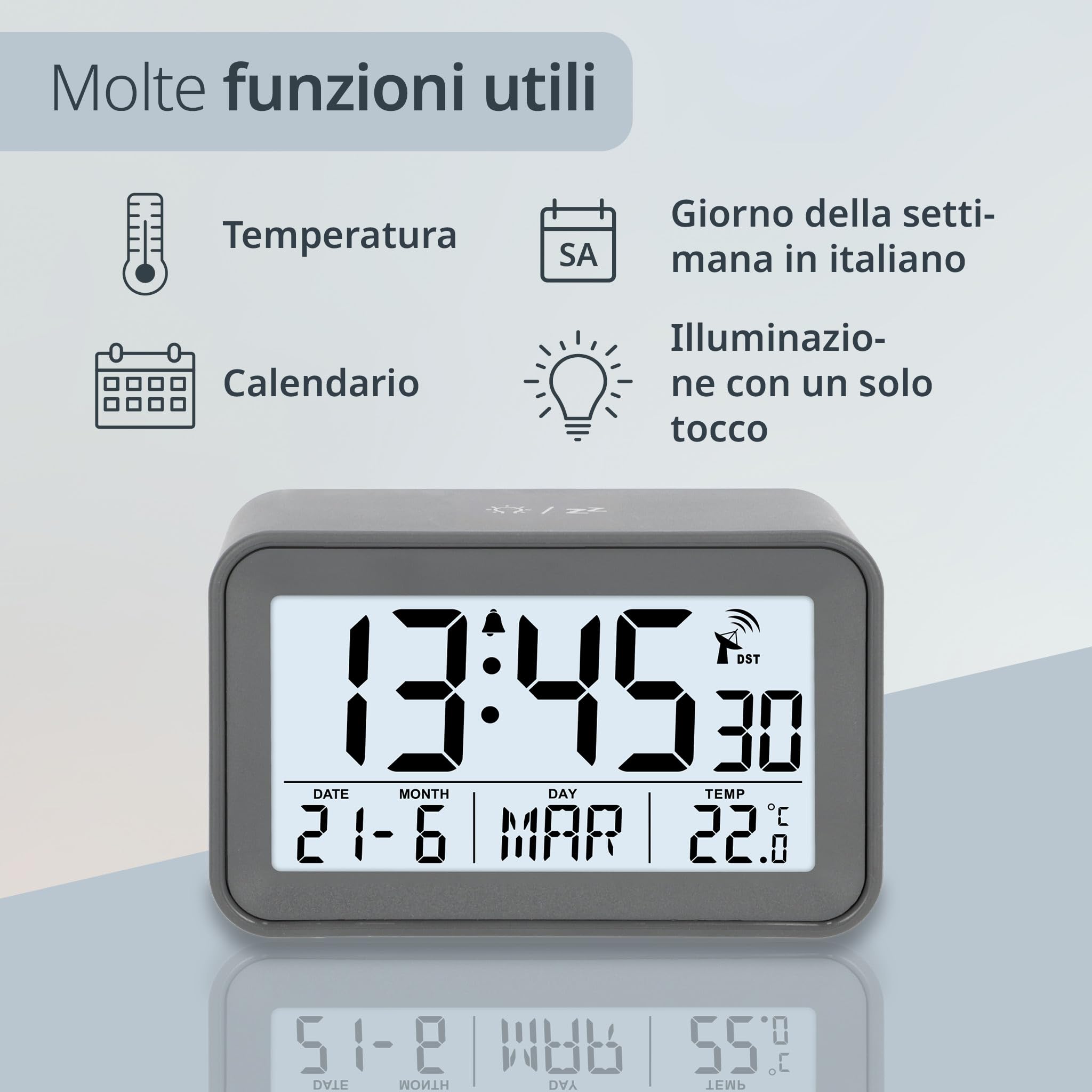 ADE Sveglia radio-controllata digitale con luce, temperatura e calendario, compatta