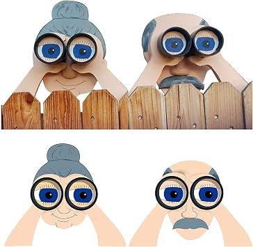 qiuqiu 11 Inch Nosy Grandpa and Grandma Fence Sign Decoration Lifelike Yard Art Decor Outdoor Cute Garden Sign Ornament