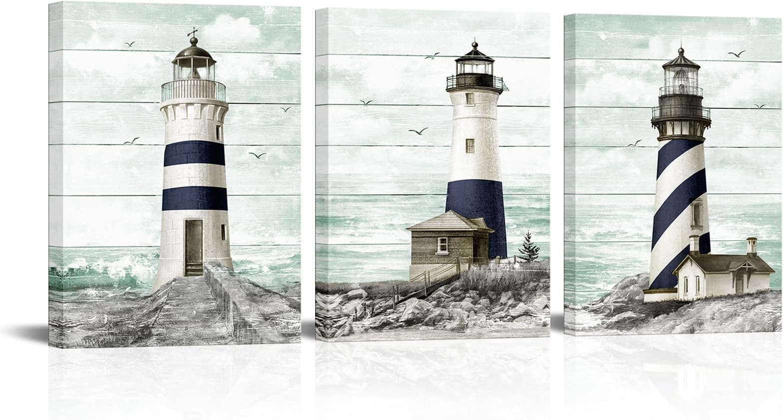 Visual Art Decor Nautical Lighthouse Bathroom Decor Beach Pictures Wall Art Framed Canvas Prints Beach Bathroom Decor 3 Piece (12x16inchx3 Pieces)