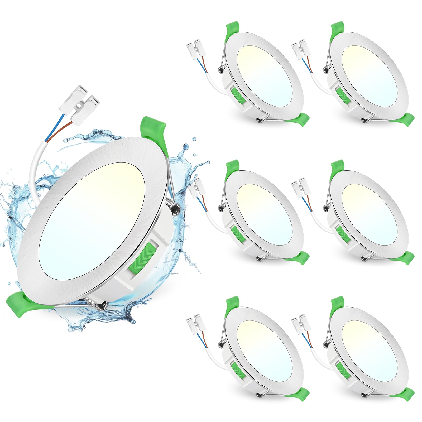 GeyouLux LED Einbaustrahler 230V Dimmbar, 7W 700LM IP44 Deckenspots, 65-75mm Lochmaß Einbauleuchten, 2700K/4000K/6500K Ultra Flach Einbauspots für Badezimmer Küche Rund Nickel LED Spots 6er Set