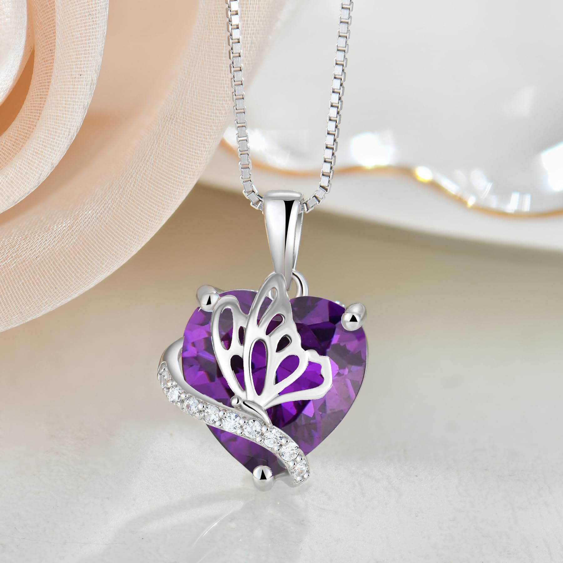 YL Herz Halskette 925 Sterling Silber Schmetterling Anhänger Kette 12 Geburtsstein Zirkonia Halskette Schmuck Geschenke für Damen Mutter Freundin