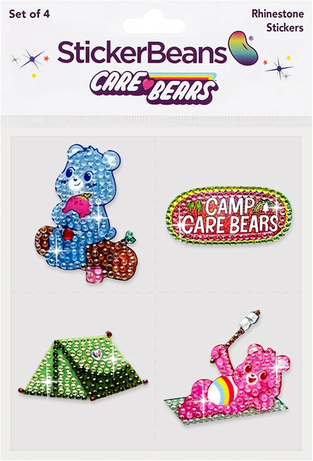 StickerBeans® Rhinestone Stickers – Camp Care Bears Sticker Pack, 2” x 2” Each, Unique Sparkly Cut-to-Shape for Collecting, Trading, Decorating Laptops, Phone Cases, Scrapbooks