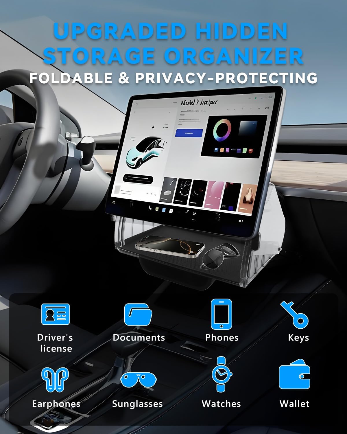 Under Screen Storage Box for Tesla Model Y Juniper 2025 2026, Center Console Organizer Tray Accessories for Model 3 Highland 2024+, Hidden Design (Not for Model Y 2020-2024/Model 3 2017-2023)