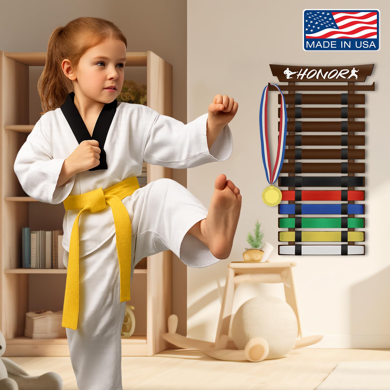 SD FACTORY Support mural pour 12 ceintures de karaté avec autocollants, support mural pour ceinture de taekwondo, sans assemblage nécessaire, supports suspendus pour enfants et adultes