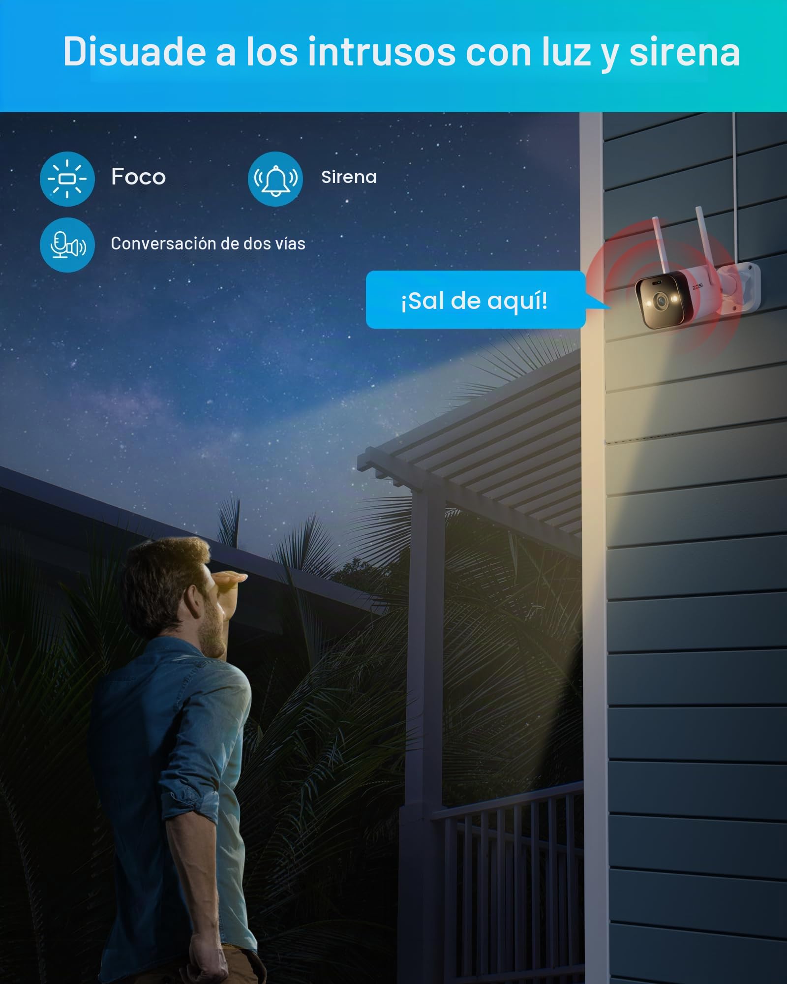 ZOSI C188 2,5K 4MP Cámara Vigilancia WiFi IP Exterior con Enchufe, Detección de Persona/Vehículo, Alarma de Sirena y Focos, Visión Nocturna en Color, Grabación en Tarjeta/Nube