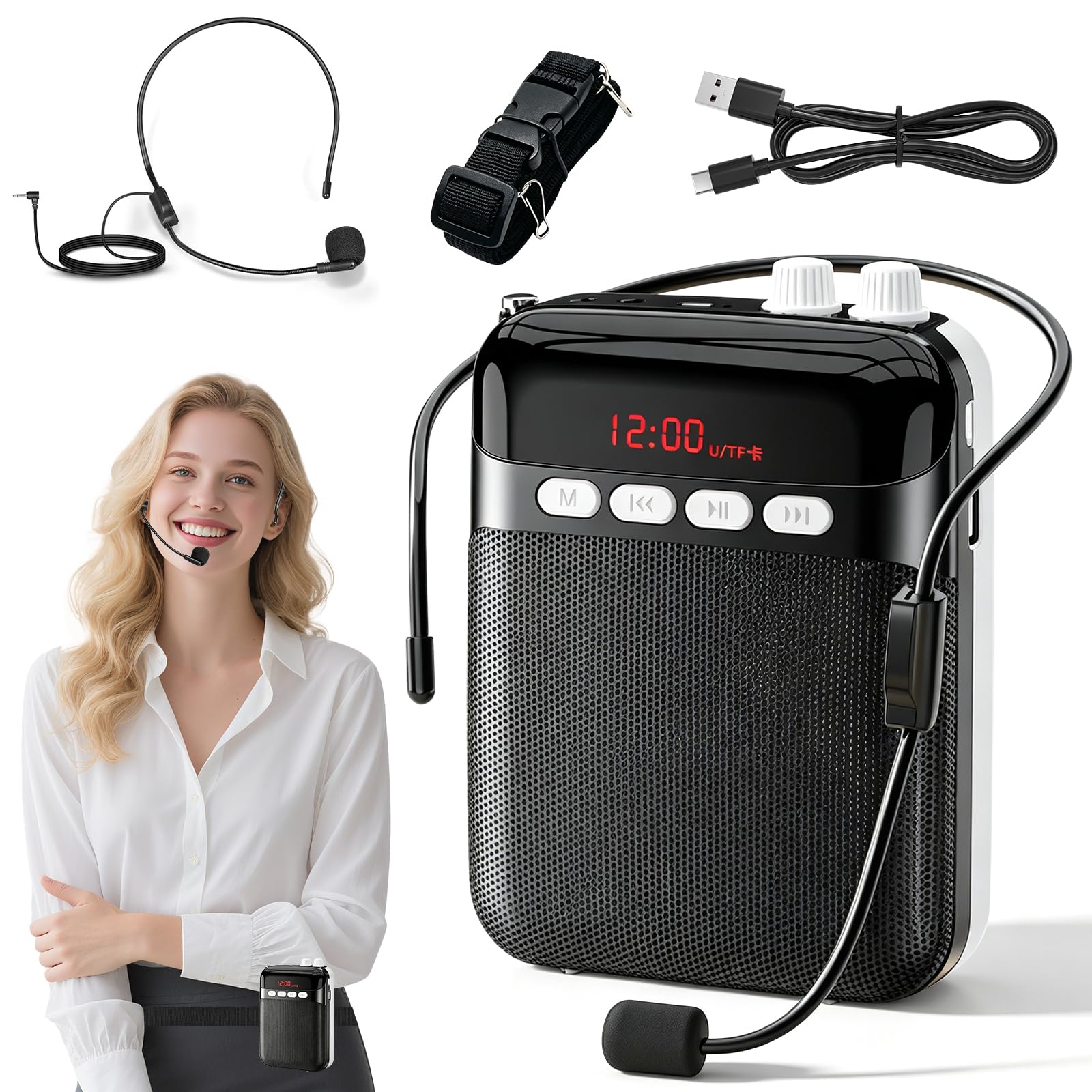 Amplificateur de Voix Portable avec Casque de Microphone, Lecteur TF/USB, Radio FM, Mini amplificateur, Haut-Parleur pour Enseignants,Réunion,Guide Touristique,Yoga,Salle de Classe