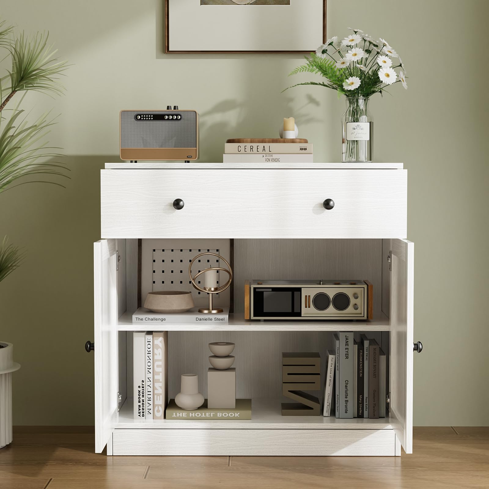 VOWNER Sideboard mit Schubladen, Kommode mit 2 Türen, Küchenschrank mit Arbeitsplatte, Buffetschrank, TV Board, Aufbewahrungsschrank für Wohnzimmer Schlafzimmer, 40 x 80 x 80 cm (Weiß, 1PCS)