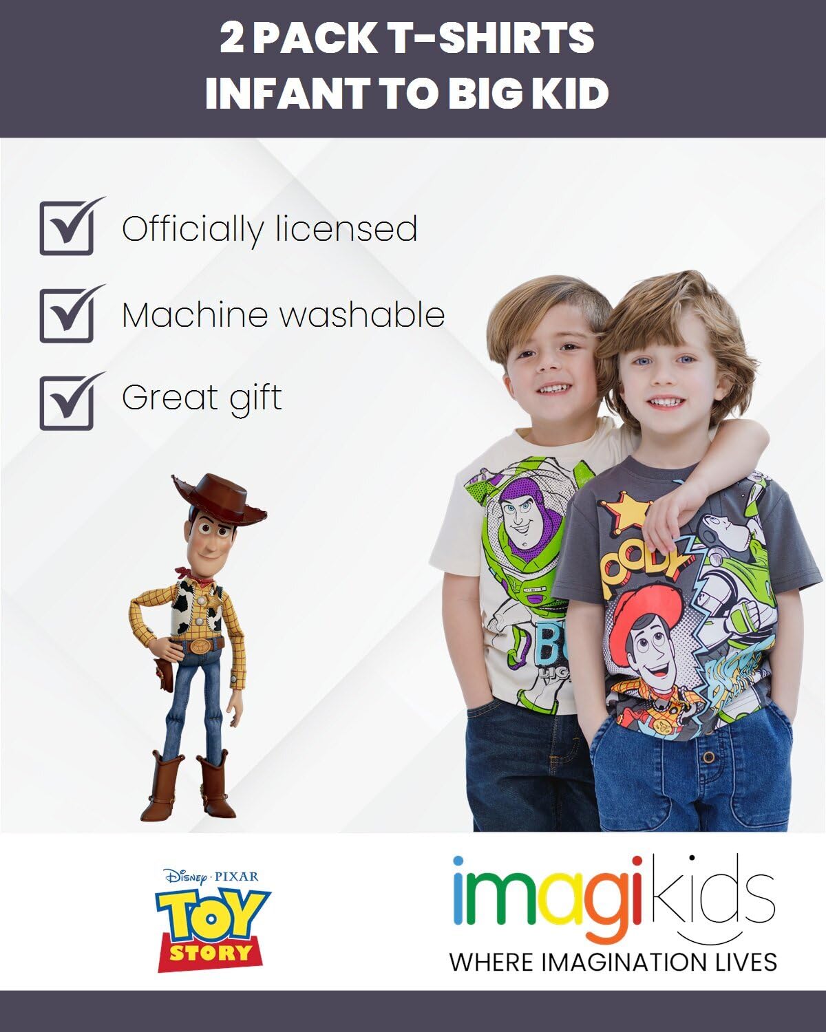 Buzz Lightyear und Woody Toy Story - 2er-Pack - Kurzarm T-Shirts für Kinder - 100% Baumwolle