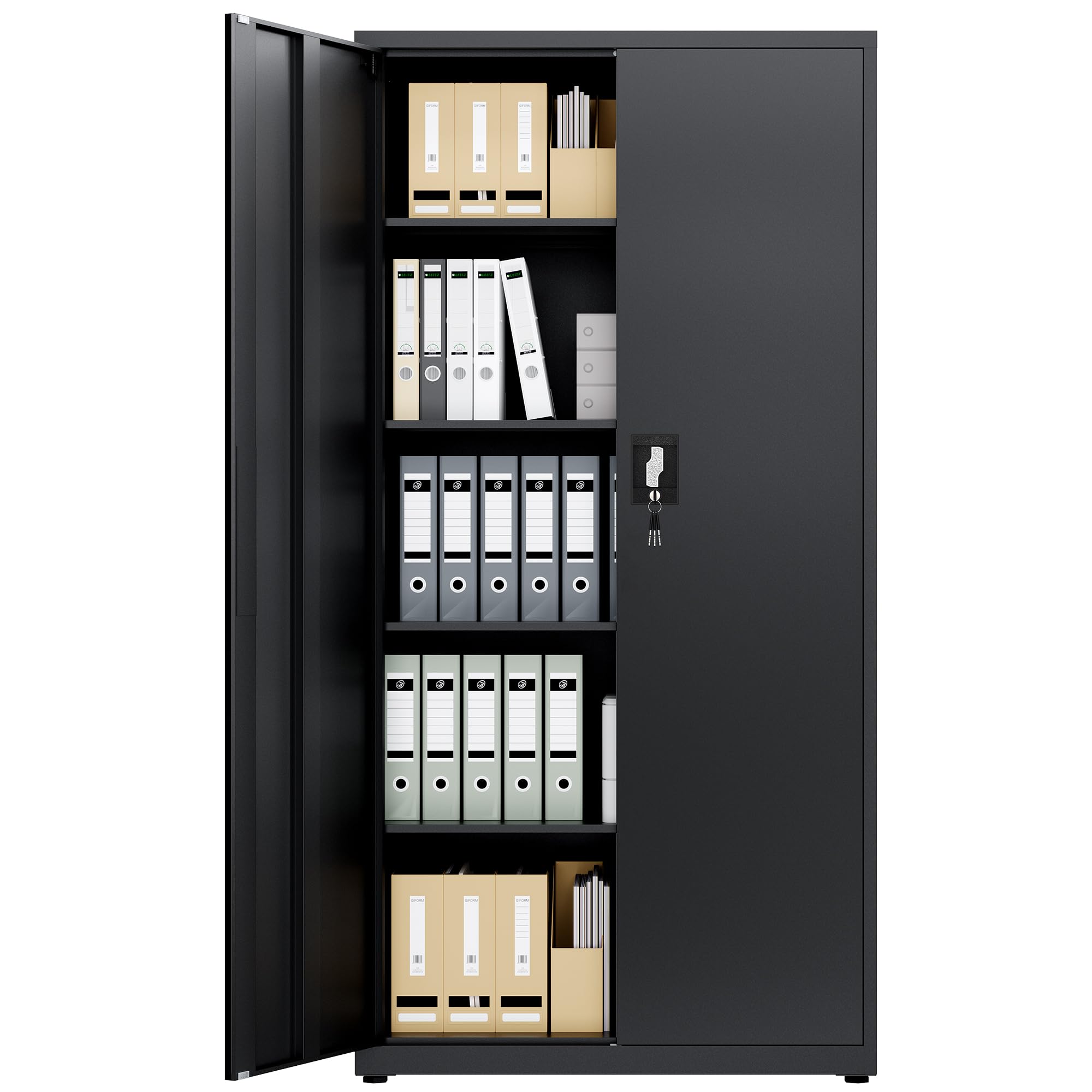 LAND·VOI Armadio in Acciaio 5 Ripiani con Serratura Ripiani Regolabili Ante a Doppia Porta Armadio per Ufficio Mobile in Metallo per Ufficio Garage Cucina Officina 80×40×181.5 cm Nero
