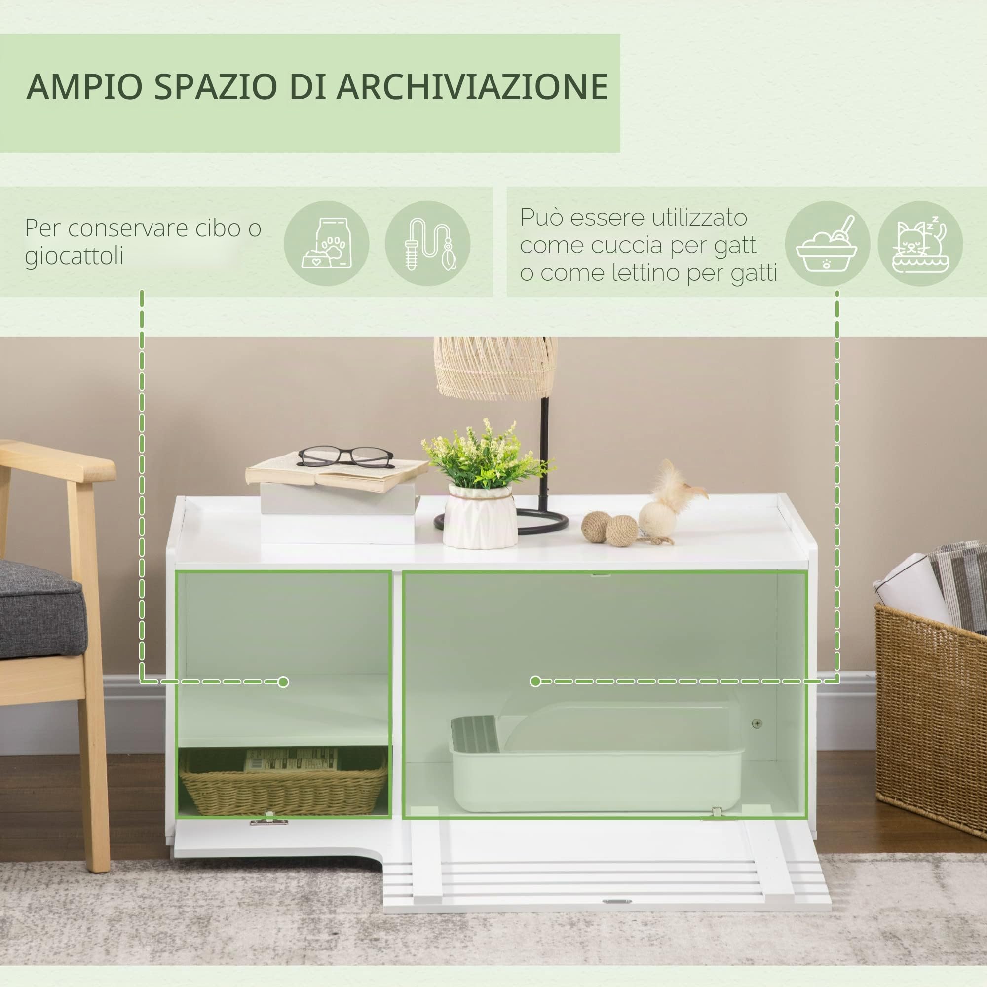 PawHut Armadietto per Gatti con Porta Magnetica, Design Rialzato, MDF, Bianco, 90 x 48 x 42,5 cm