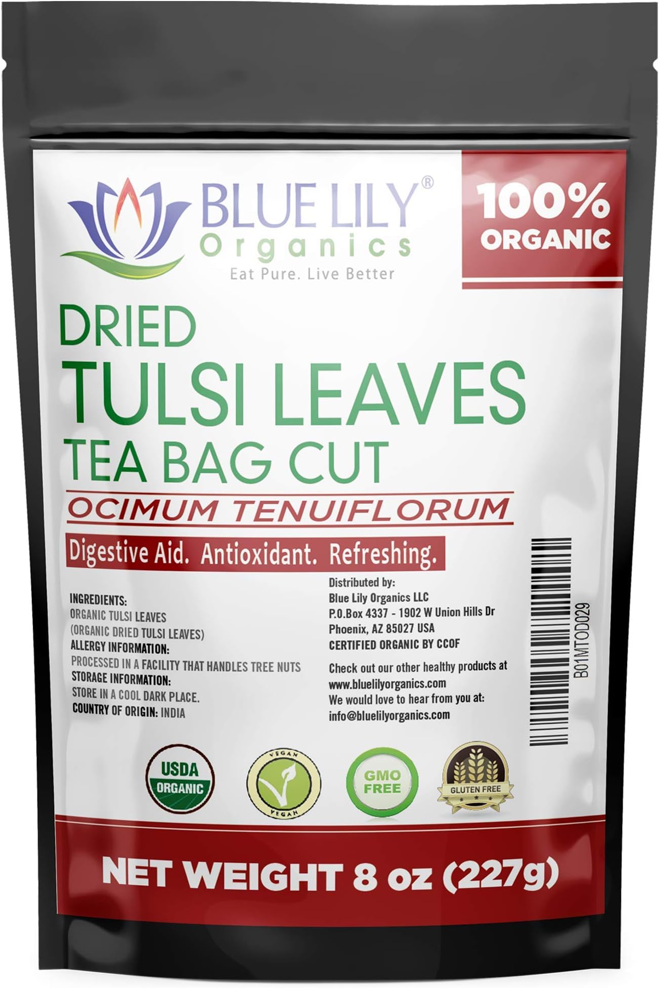 Organic Tulsi (Holy Basil) Tea Blend. 1/2 Pound. Loose Bulk Tea. Delicious Blend of Vana, Rama and Krishna Tulsi Leaves. Caffeine Free