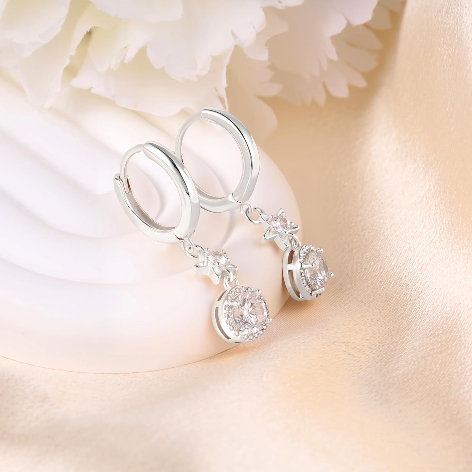 Star Hoop Dangle Earrings Sterling Silvery Round Cubic Zirconia Hoop Dangling Earrings for Women Hypoallergenic Lightweight Sparkly Halo CZ Loop Earring with Charm Jewelry Gifts - Image 4