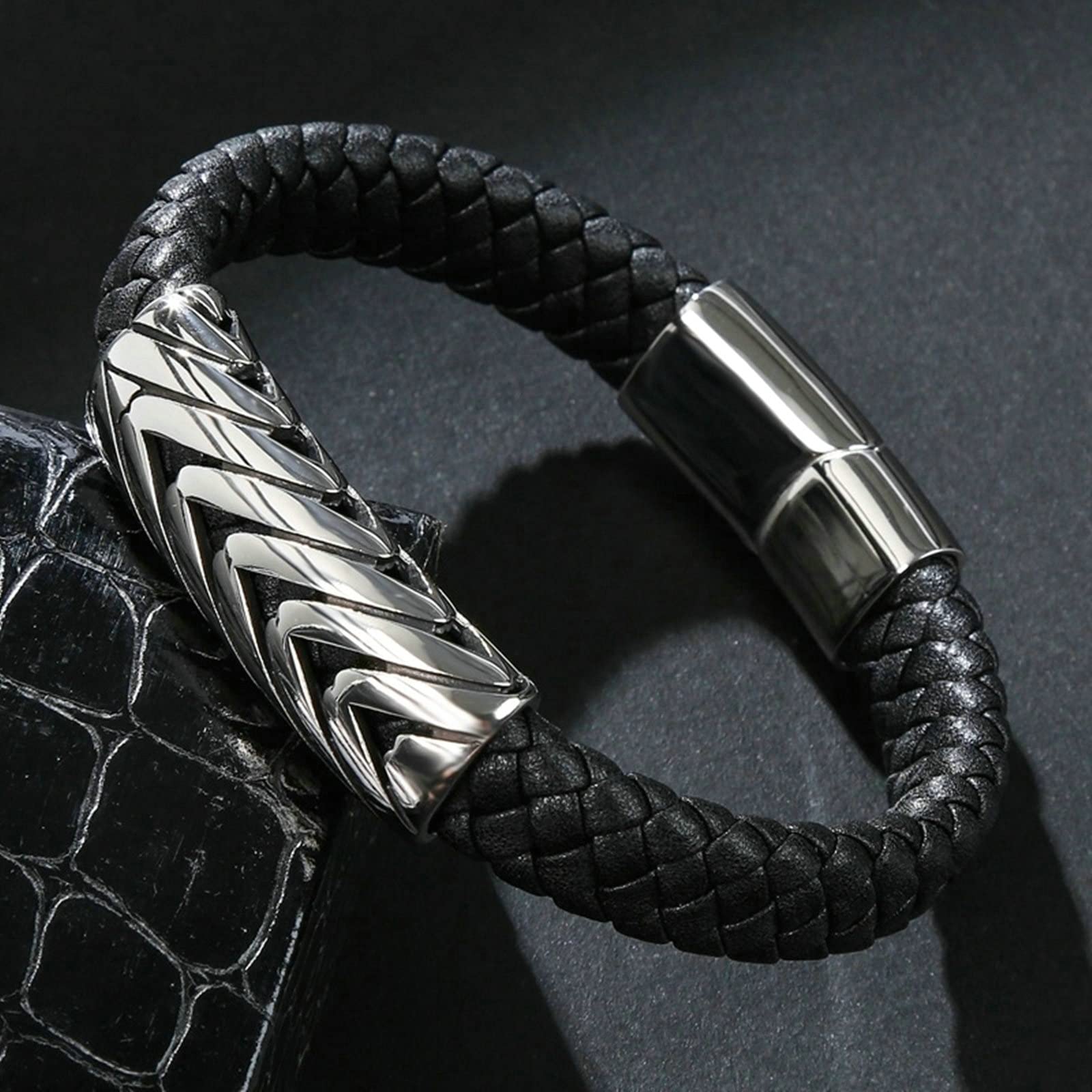 Pulsera para Hombre de Acero Inoxidable, Pulsera para Hombre, Pulsera de Cuero Trenzado con patrón de Flechas, 16,5 cm de Longitud, Pulsera Vintage, joyería