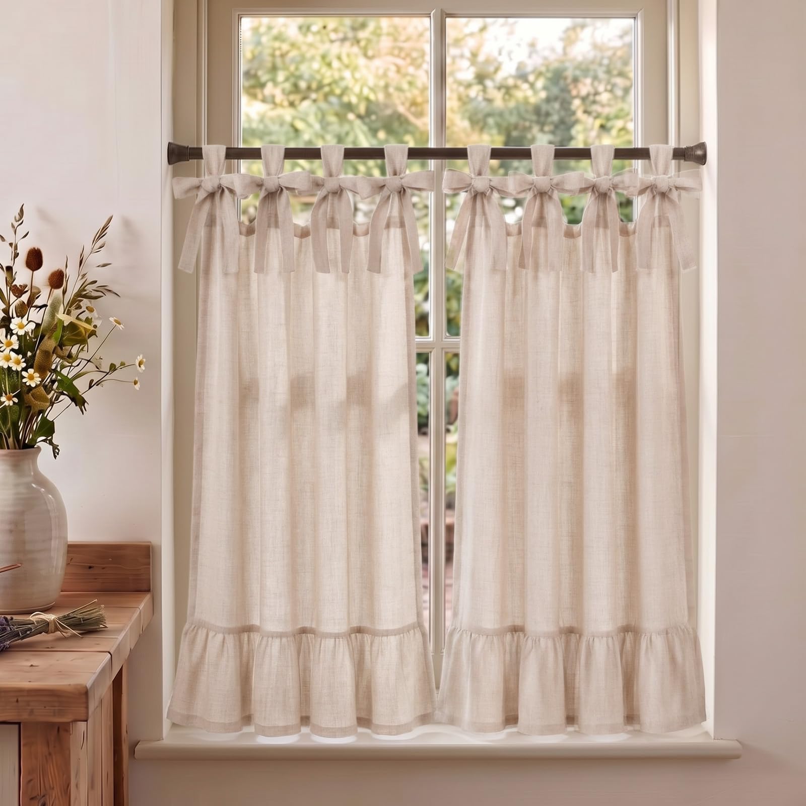 View 1 of 2 Pcs Linen Kitchen Tier Curtains 36 Inch Beige Bow tie top curtains