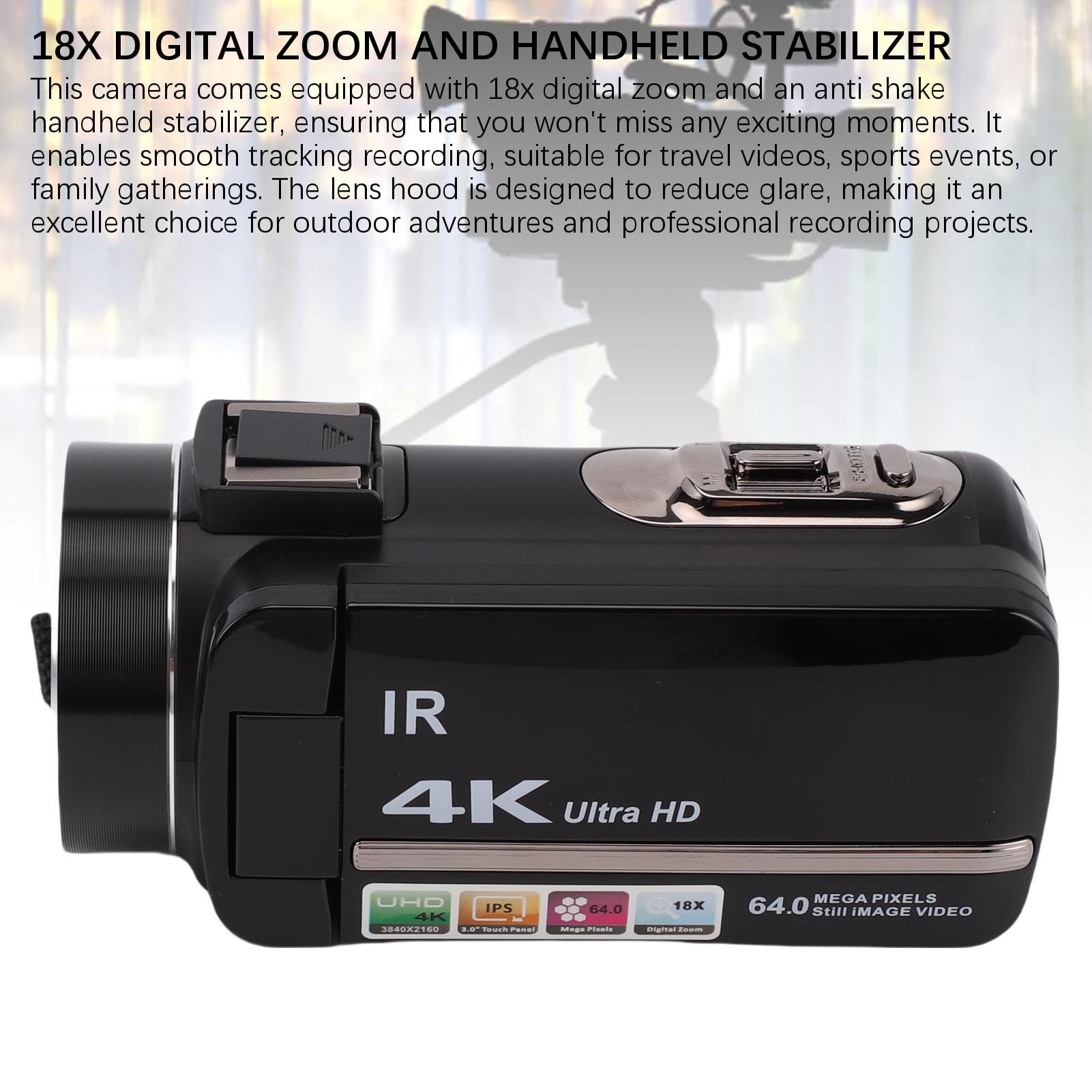 Elprico Videocámara 4K Cámara Vlogging de 64MP para Youtube Pantalla Táctil de 3.0" Zoom Digital 18X con Micrófono Estéreo Externo, Control Remoto, Parasol, Estabilizador de Mano,