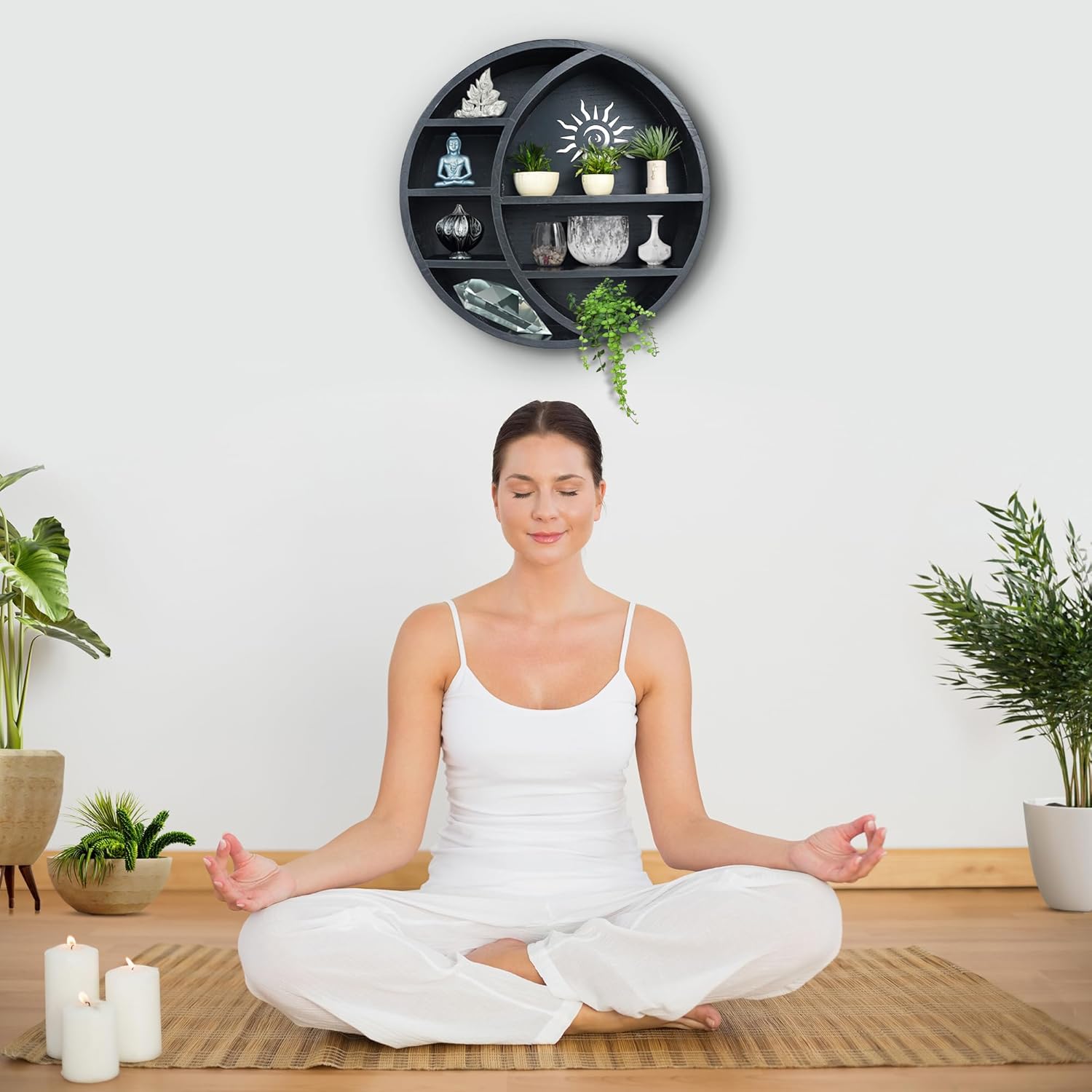 True 4U 17-Inch Black Moon Shelf – Elegant Wooden Wall Display with Intricate Star or Sun Cutouts, Perfect for Crystals, Rocks, Essential Oils, and Small Décor