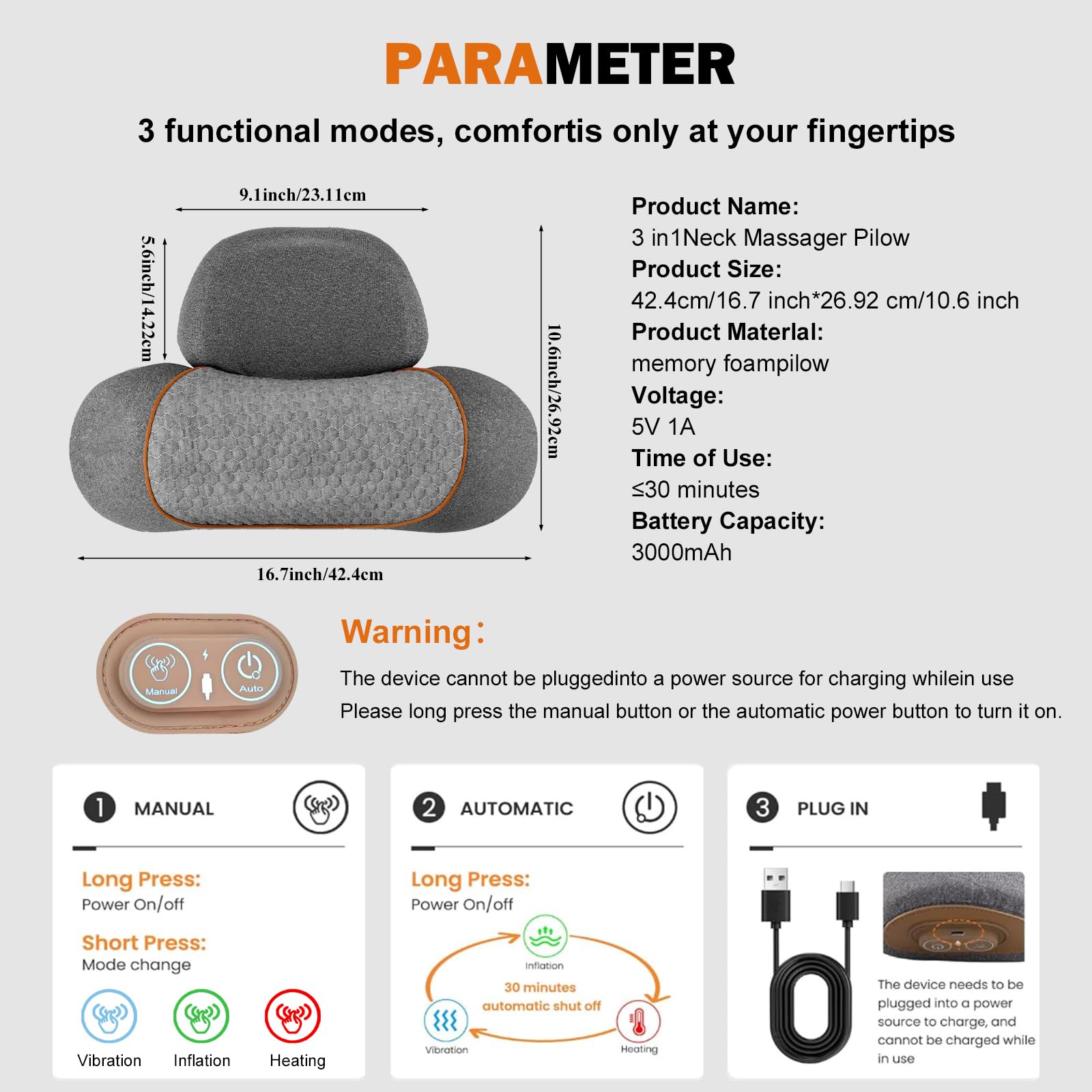 3-in-1 Rechargeable Neck Massager Pillow with Heating & Traction, Deep Tissue Pain Relief, Shoulder & Neck Hump Corrector for Men Women, Gifts for Family and Friends — view 5