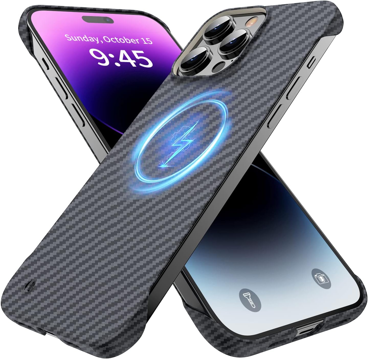 Magnetic Ultra-Thin Frosted Soft Touch Skin Borderless Carbon Fiber Bump Texture for iPhone 14 Pro Max Phone Case 6.7" Slim Minimalist Lightweight Frameless Matte Hard MagSafe Cover Case-Black