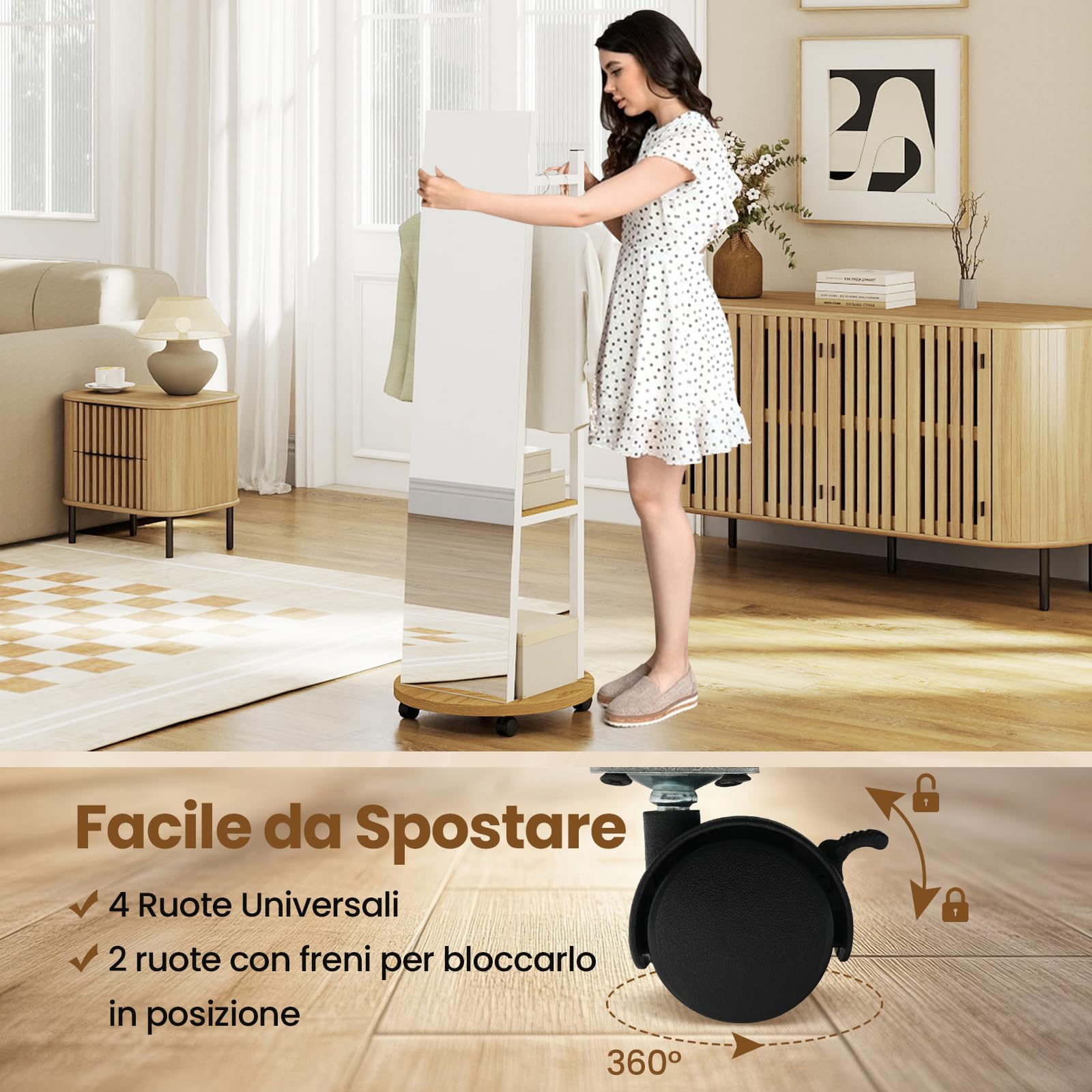 COSTWAY Appendiabiti con Specchio a Figura Intera, Appendiabiti Autoportante con 3 Ganci e Ripiani per Stoccaggio, Specchio da Terra con Ruote per Camera da Letto e Ingresso (Naturale)