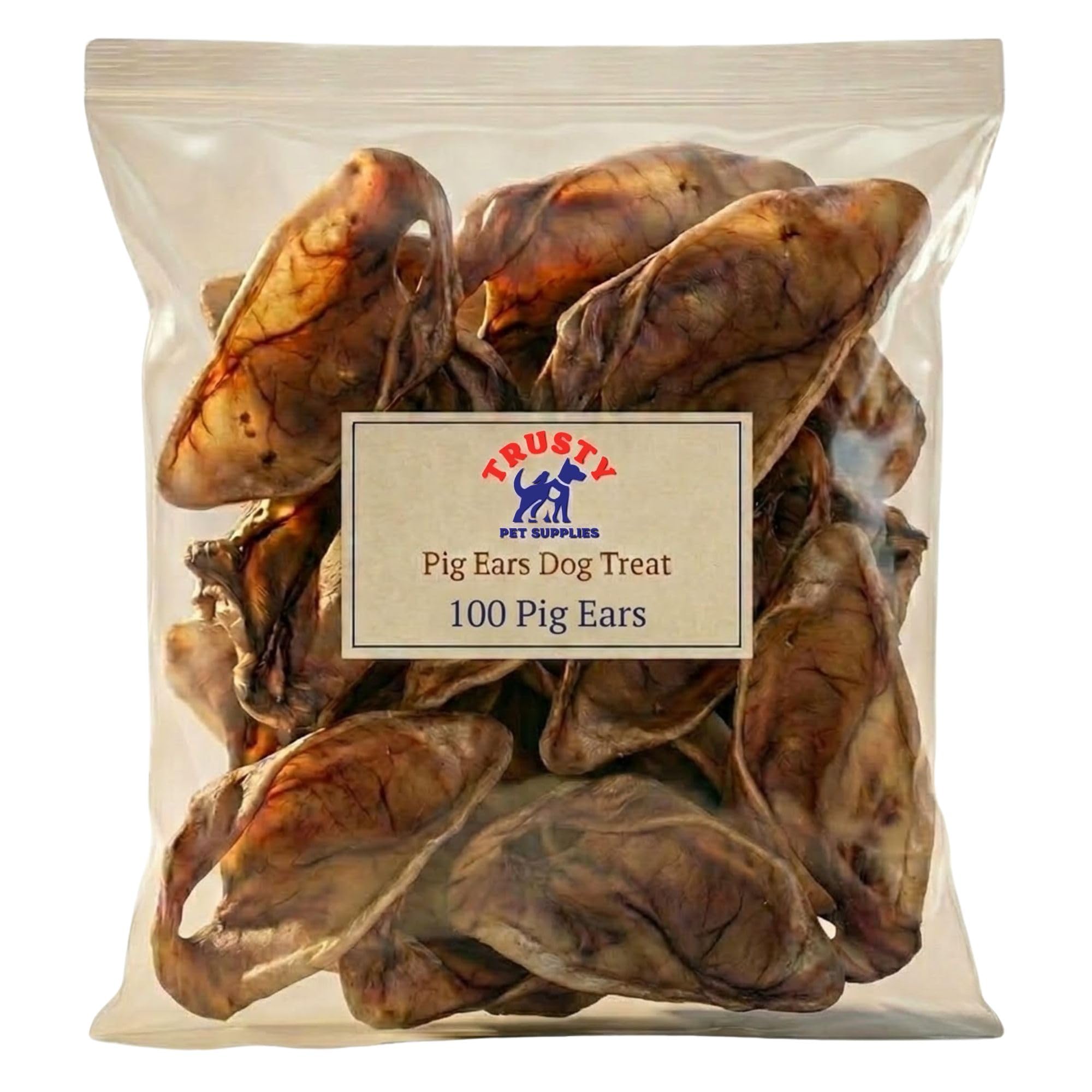 Premium Quality Large Pigs Ears (Pack of 100) | 100% Pork, Natural Dog Treats | High Protein, Low Fat | Hypoallergenic Jumbo Pigs Ears for Dogs | Grain Free Chew | By Trusty Pet Supplies