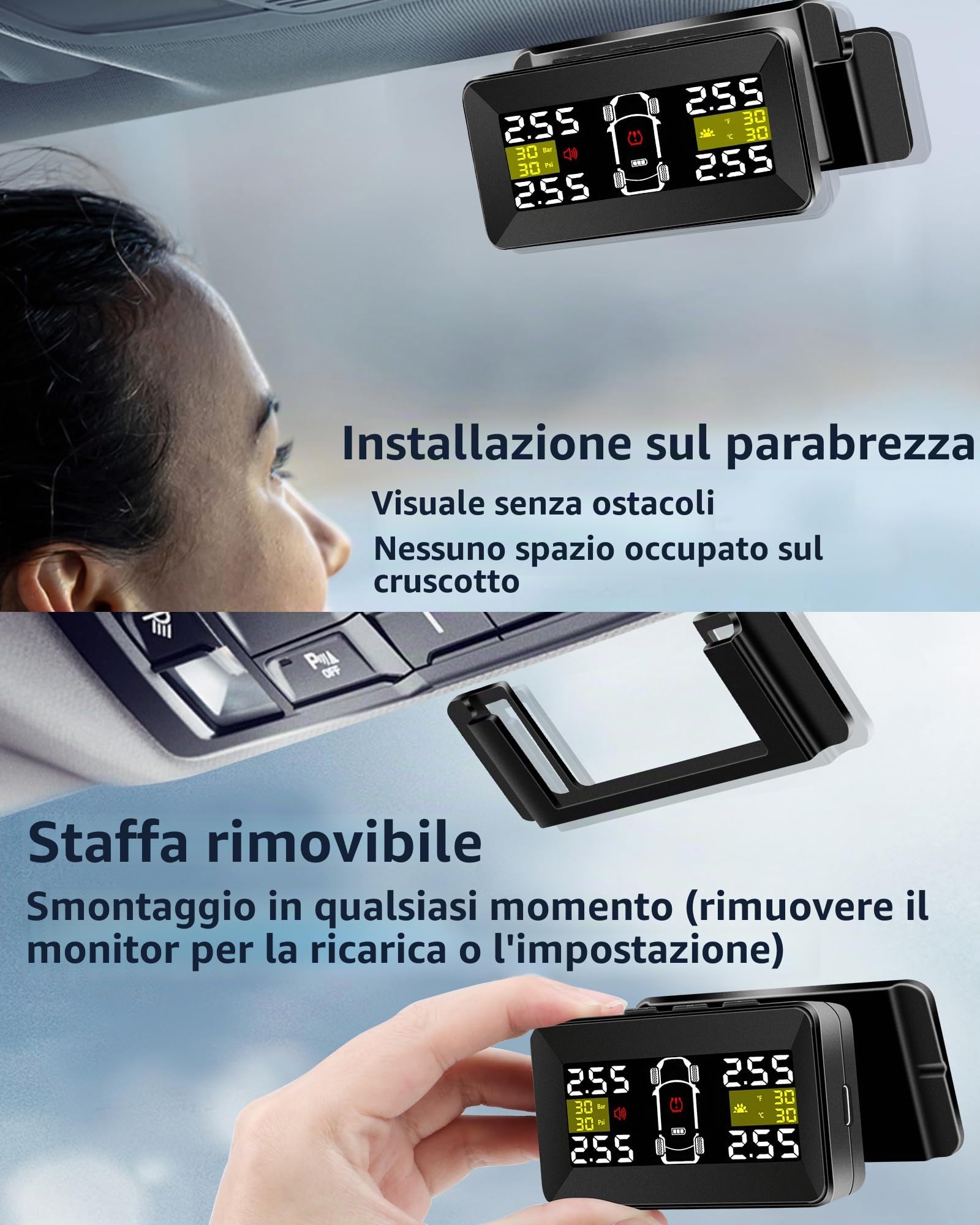 Vtopek TPMS Sistema Pressione Pneumatici con 3,5" Grande Monitor Staccabile | 0,01 Alta Precisione, Monitoraggio in Tempo Reale, Caricatore Solare e USB, 4 Sensori Impermeabile IP67 per Auto SUV 14-87Psi