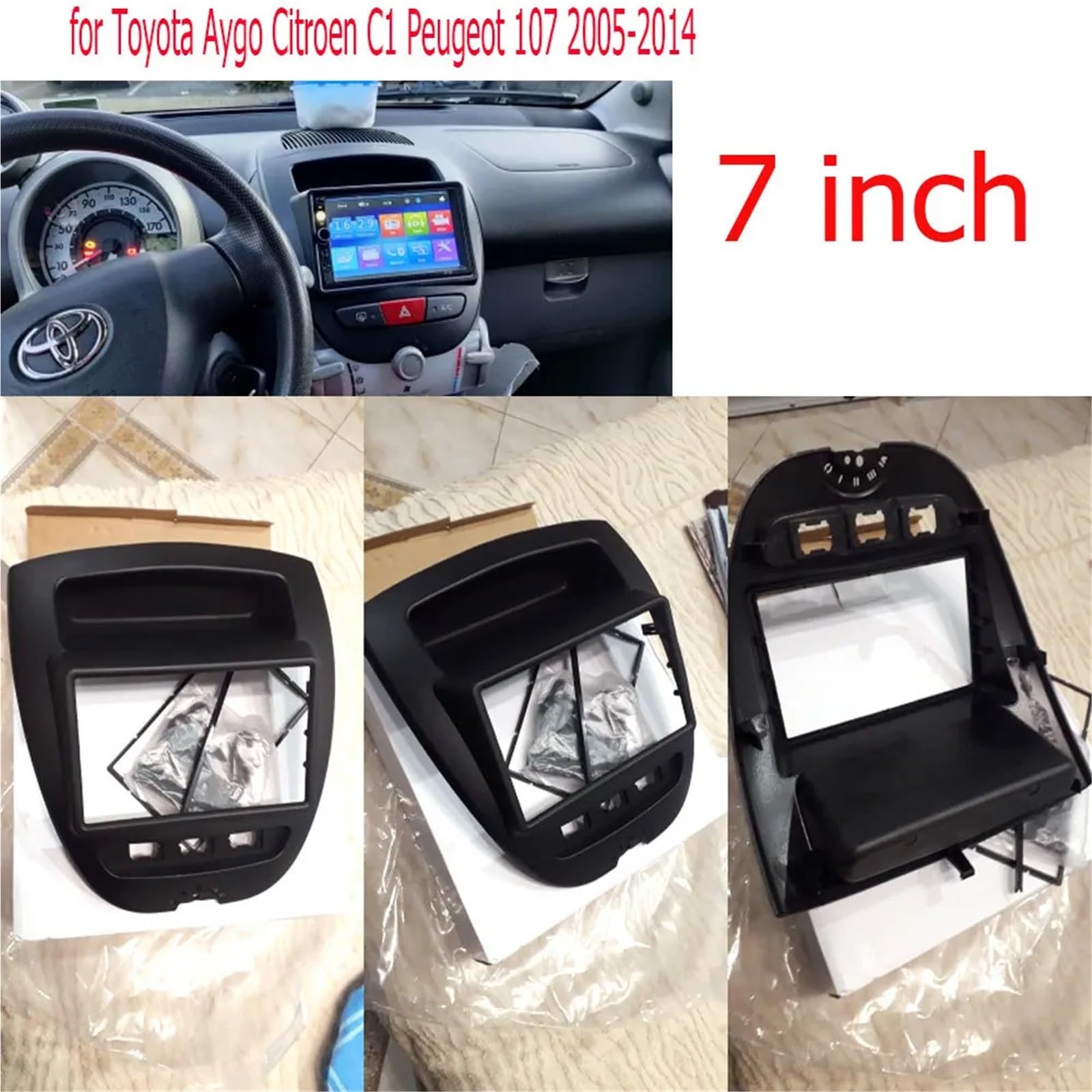 Cadre Façade Cache-Radio Cadre Autoradio DVD Double DIN 7 Pouces Compatible avec Citroën C1 Compatible Peugeot 107 (2005-2014) - Cache De Façade Stéréo