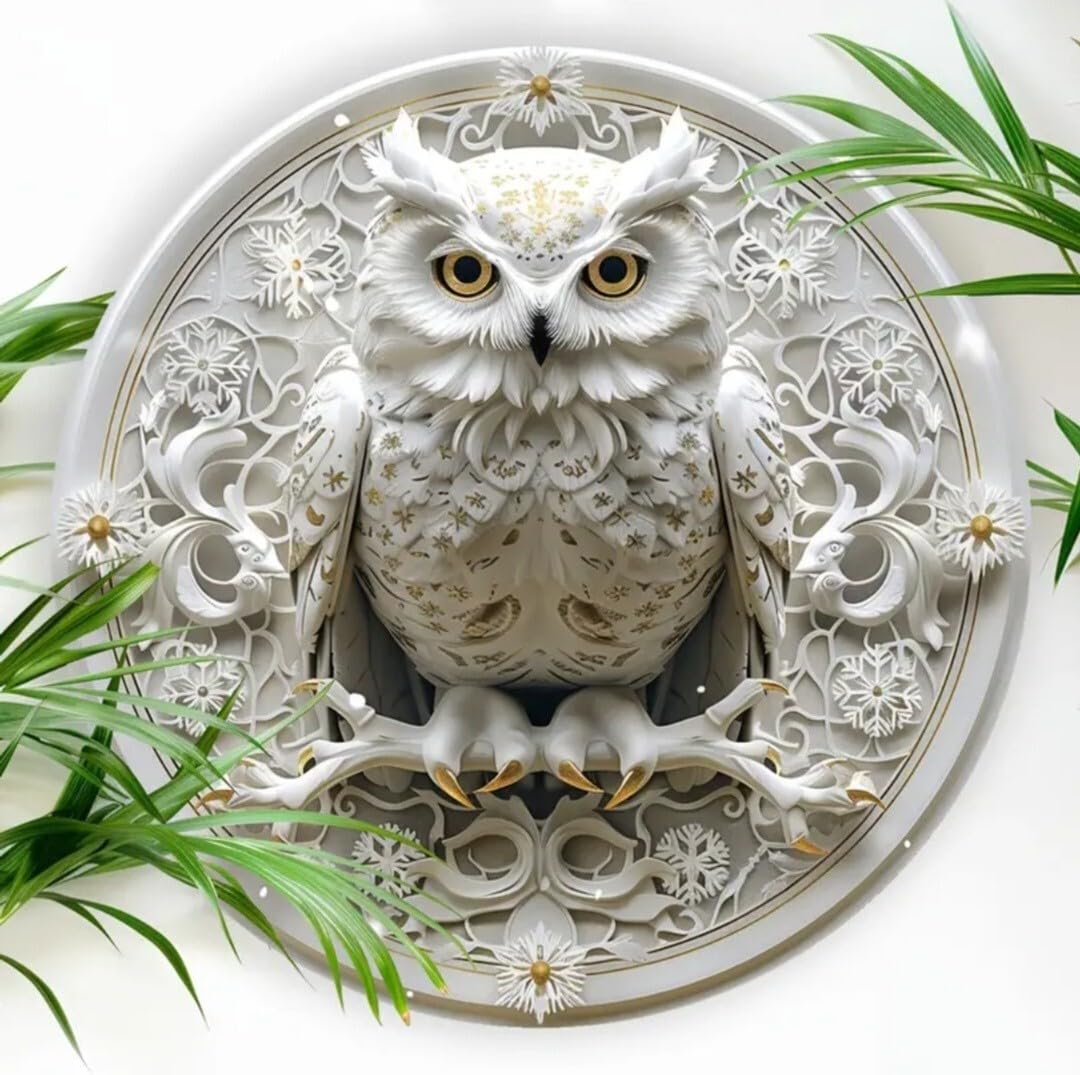 鳥の壁飾り メタルウォールアート 白いフクロウC ガーデンオブジェ