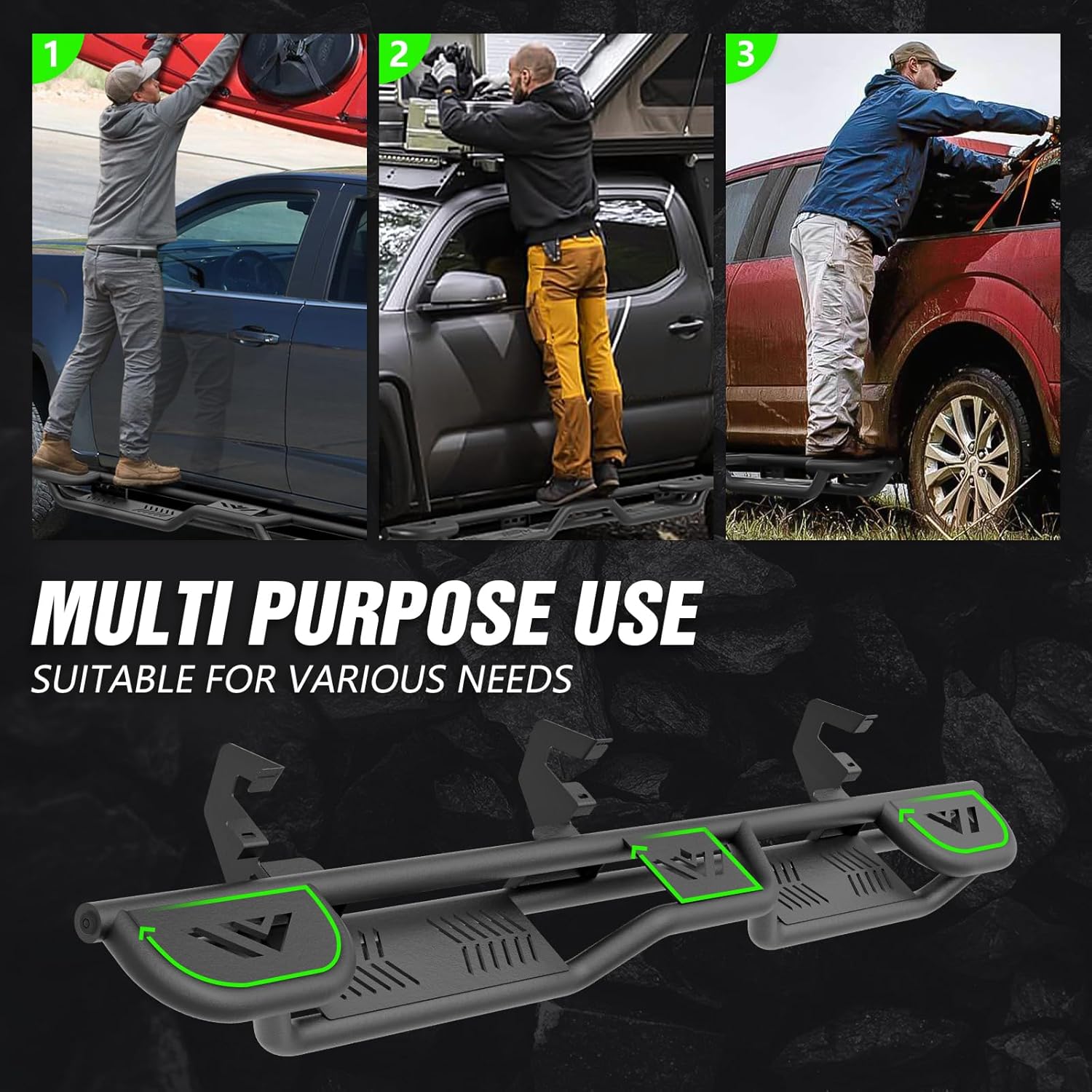 YZONA Three Raised Steps Double Cab Running Boards Compatible for 2019-2026 Chevy Silverado & GMC Sierra 1500, 2020-2026 Chevrolet Silverado/GMC Sierra 2500 3500 HD Extended Cab Side Step Nerf Bar