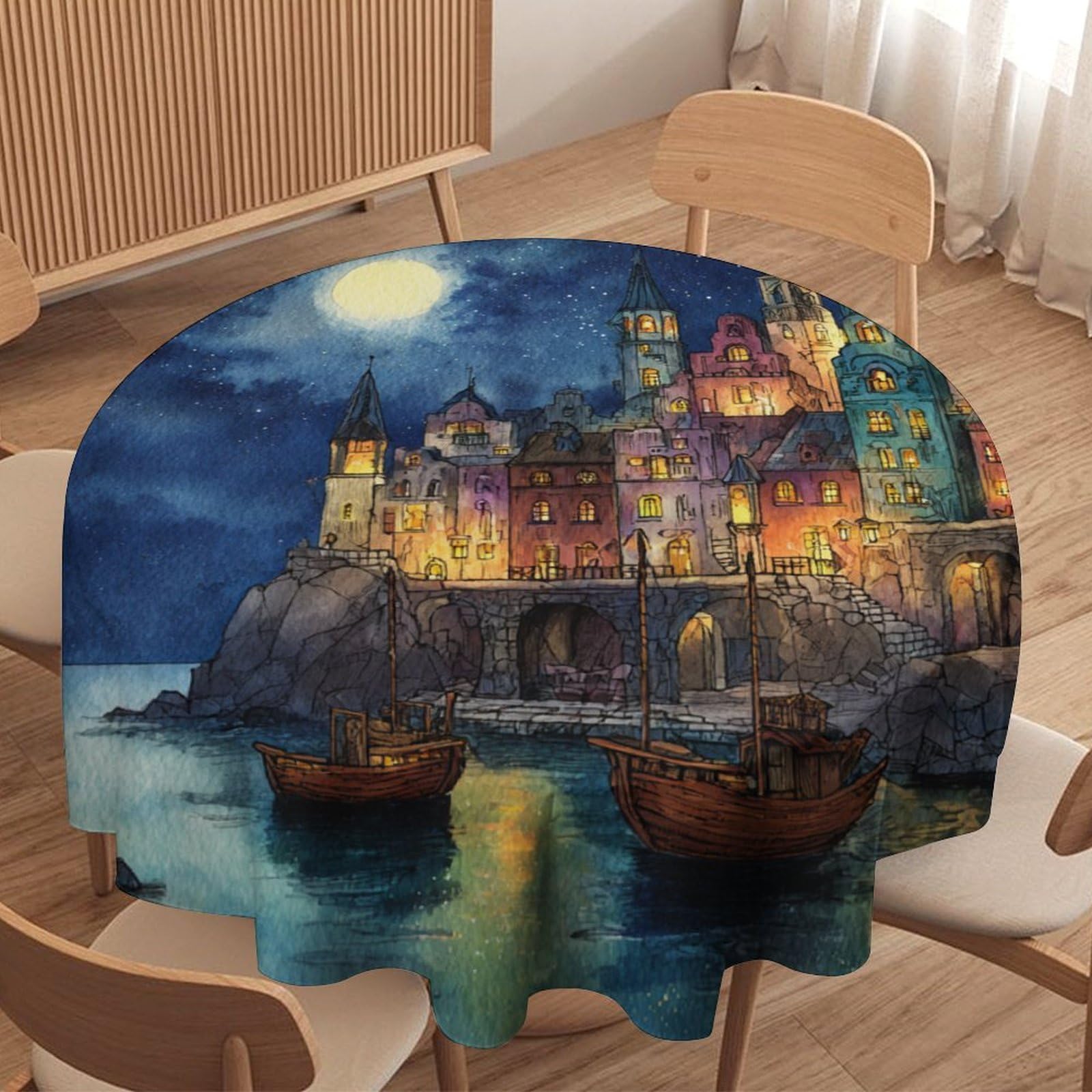 LUYYSKY Rustic Realistic Coastal City Round Tablecloth Classic Oil Painting Full Moon Starry Night Galaxy Sailboat Ship Washable Decor for Table Cover for Kitchen-91.4" Wx91.4 L cm